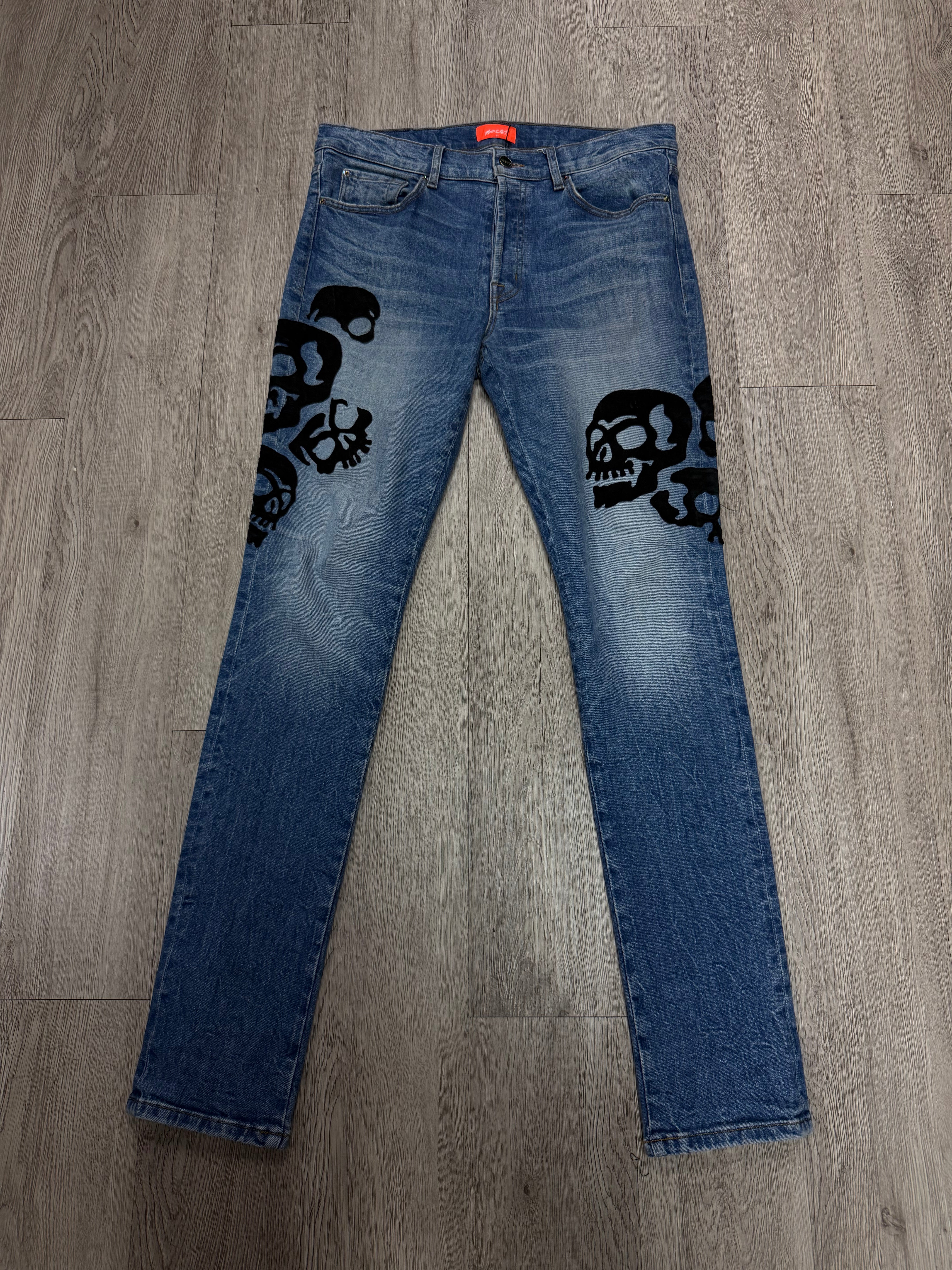 Bossi Light Wash Black Skull Patchwork Jeans