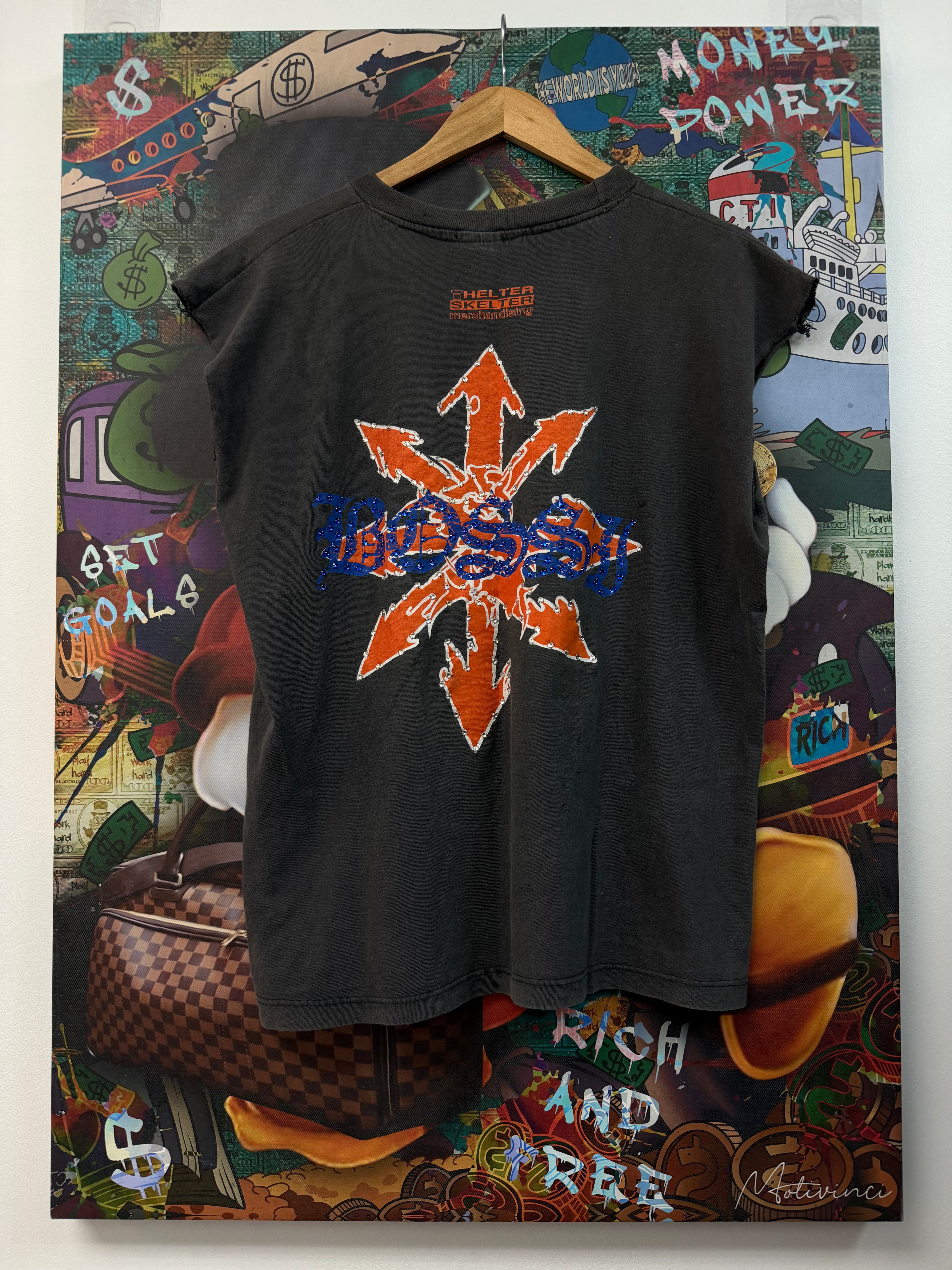 Bossi Grey Orange Rhinestone Blue Sleeveless Tee