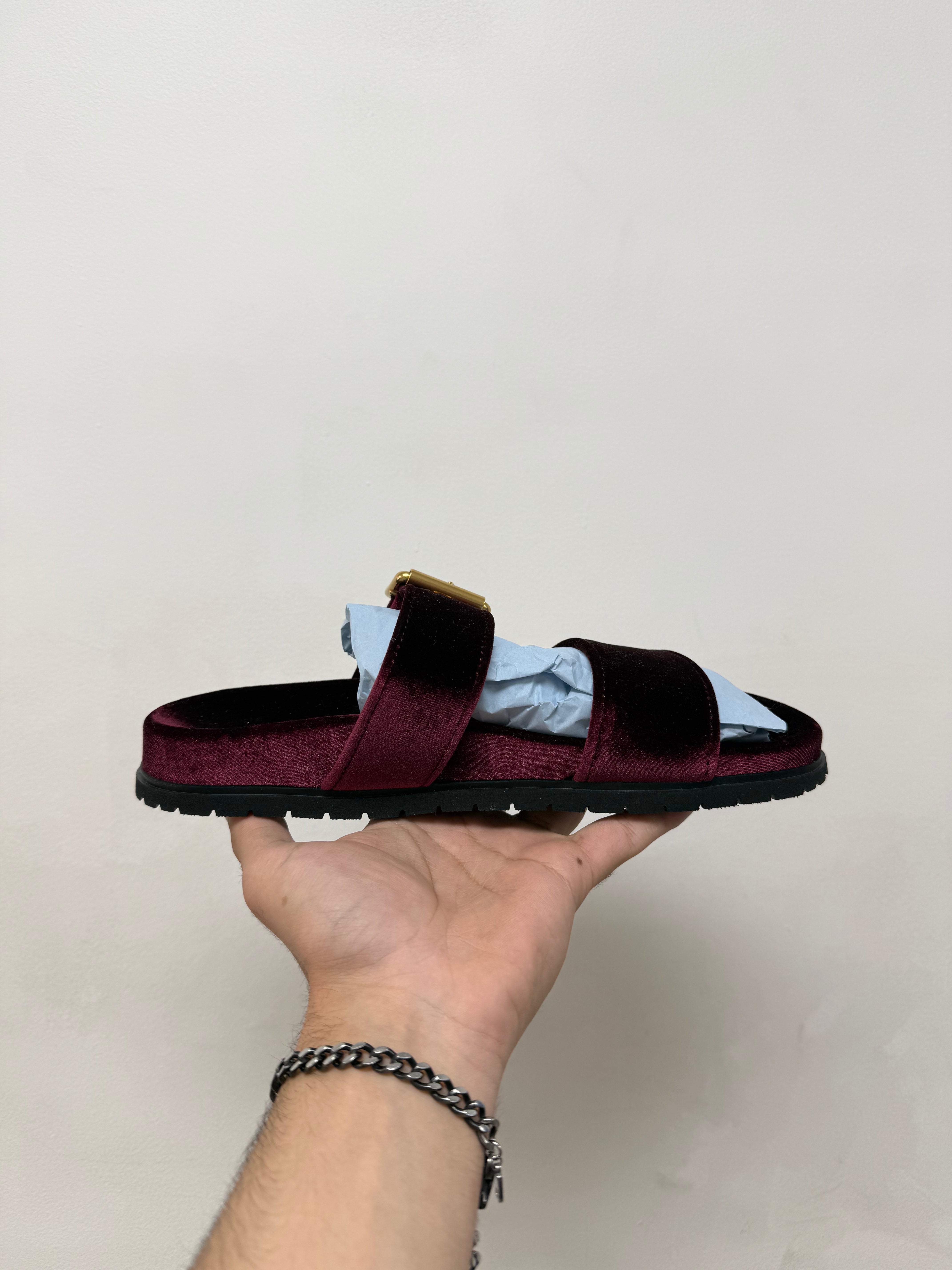 Prada Burgundy Velvet Plaq Slides