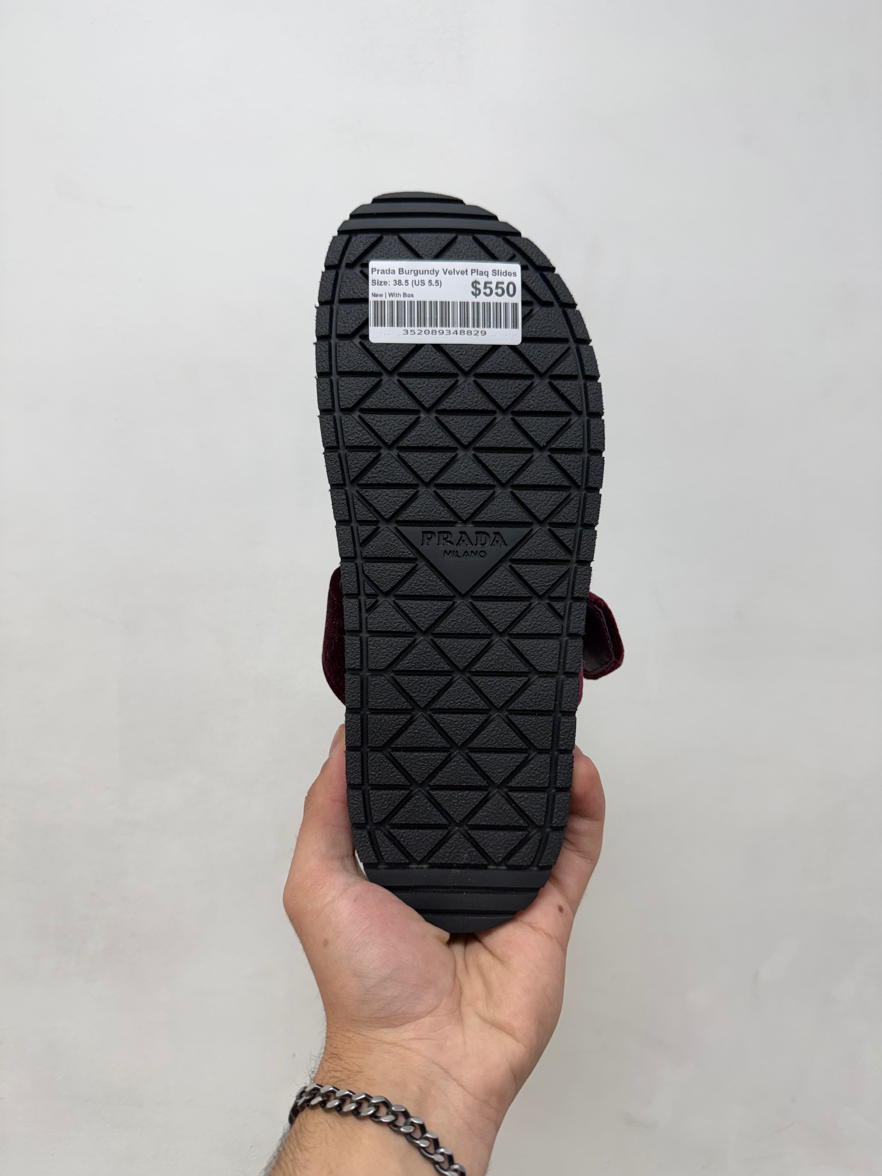 Prada Burgundy Velvet Plaq Slides