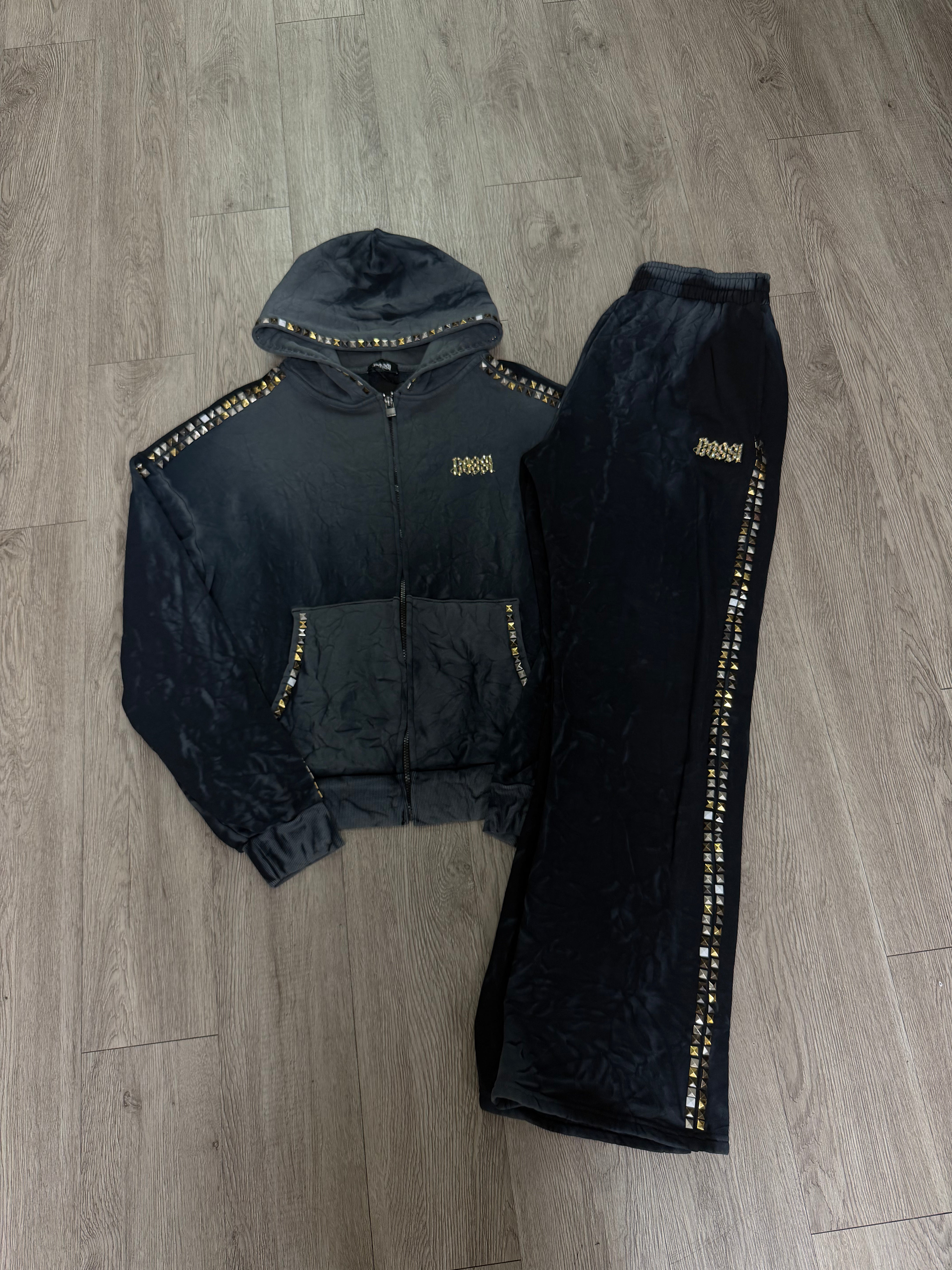Bossi Grey Gold Acid Rhinestone Sweatsuit