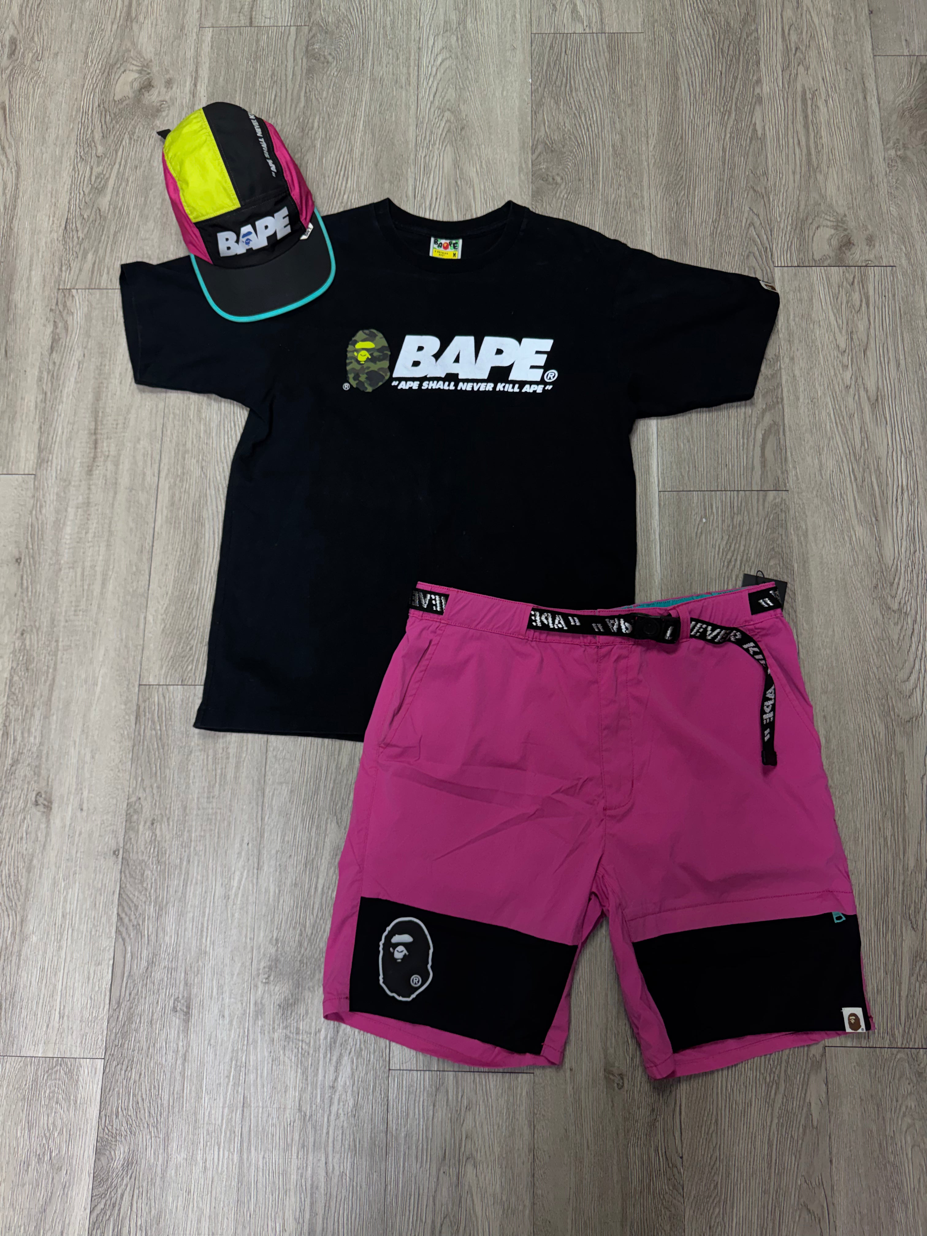 BAPE Black Multi Color Shirt-Shorts-Hat Set