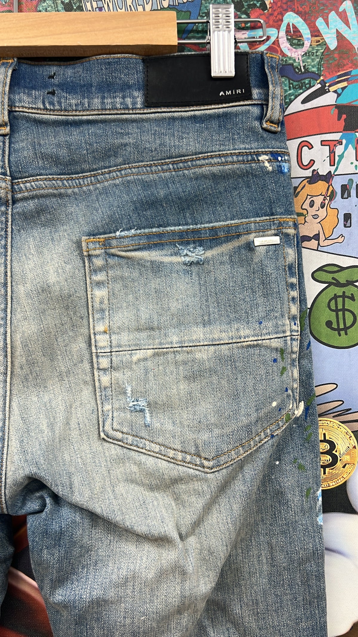 Amiri MX1 Light Wash Denim Splatter Patch Jeans