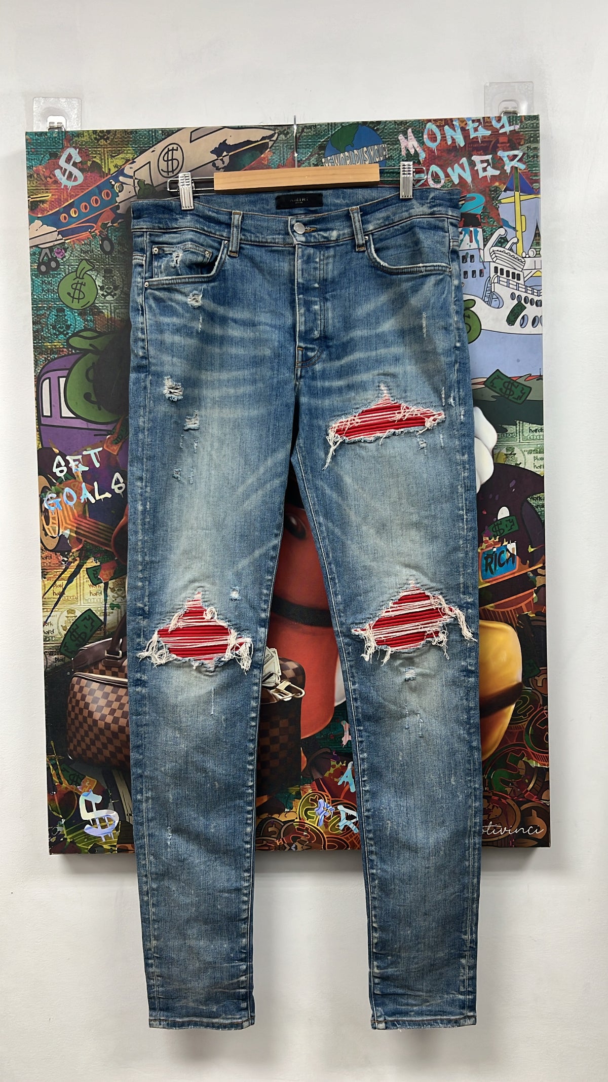 Amiri MX1 Light Wash Red Suede Patch Jeans