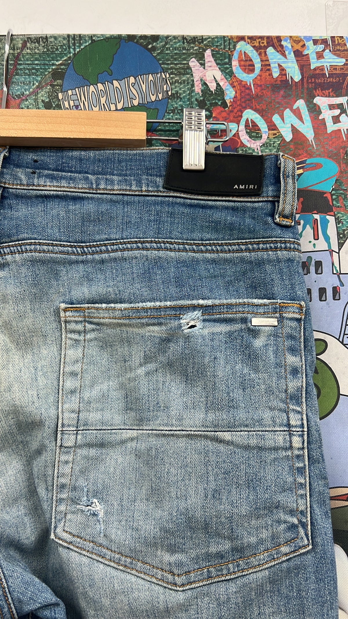 Amiri MX1 Light Wash Red Suede Patch Jeans