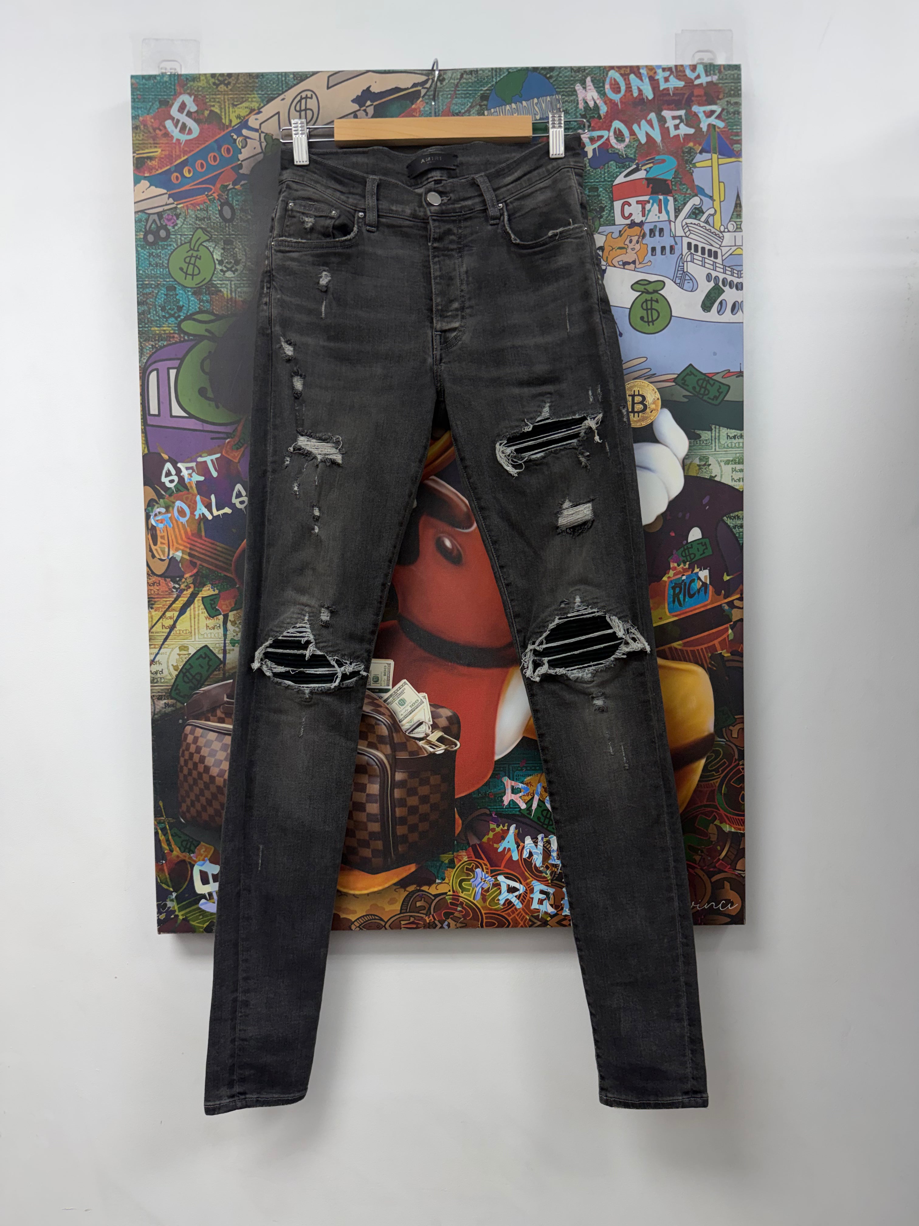 Amiri MX1 Grey Wash Black Suede Patch Jeans