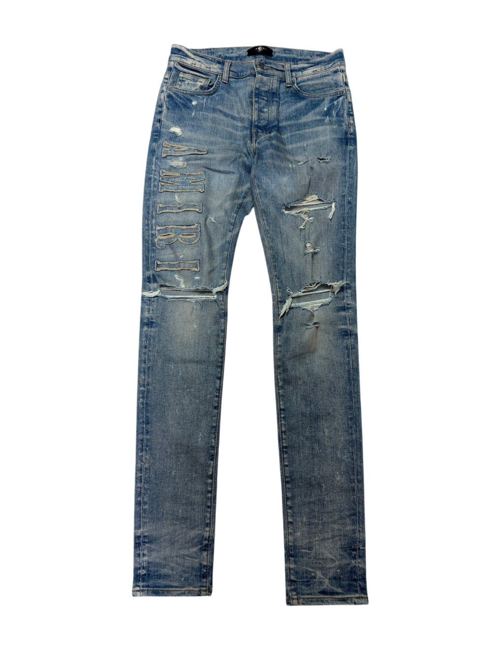 Amiri Side Logo Dirty Denim Appliqué Indigo Wash Jeans
