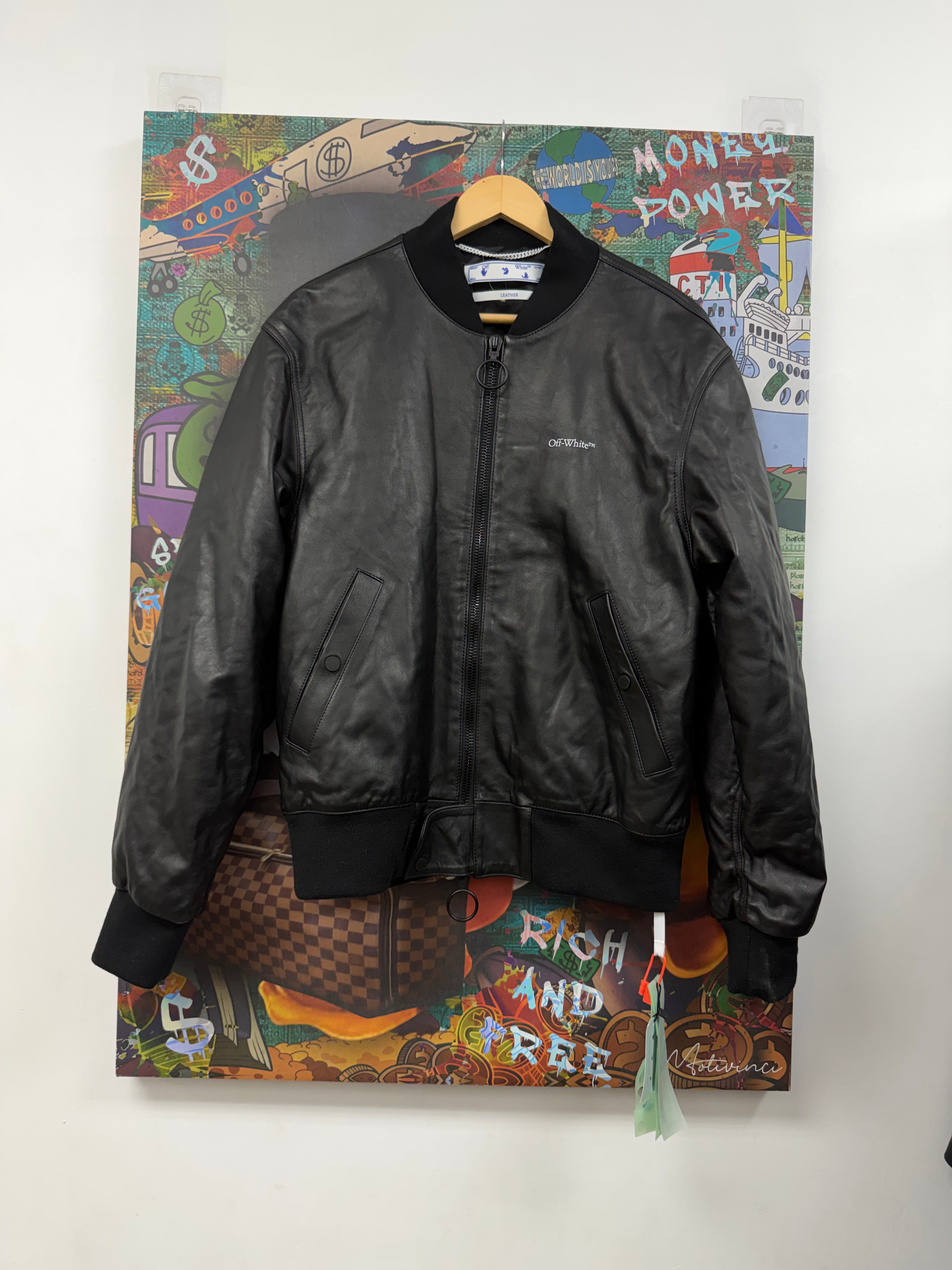 Off-White Black White Classic Deal Leather Bomber Jacket