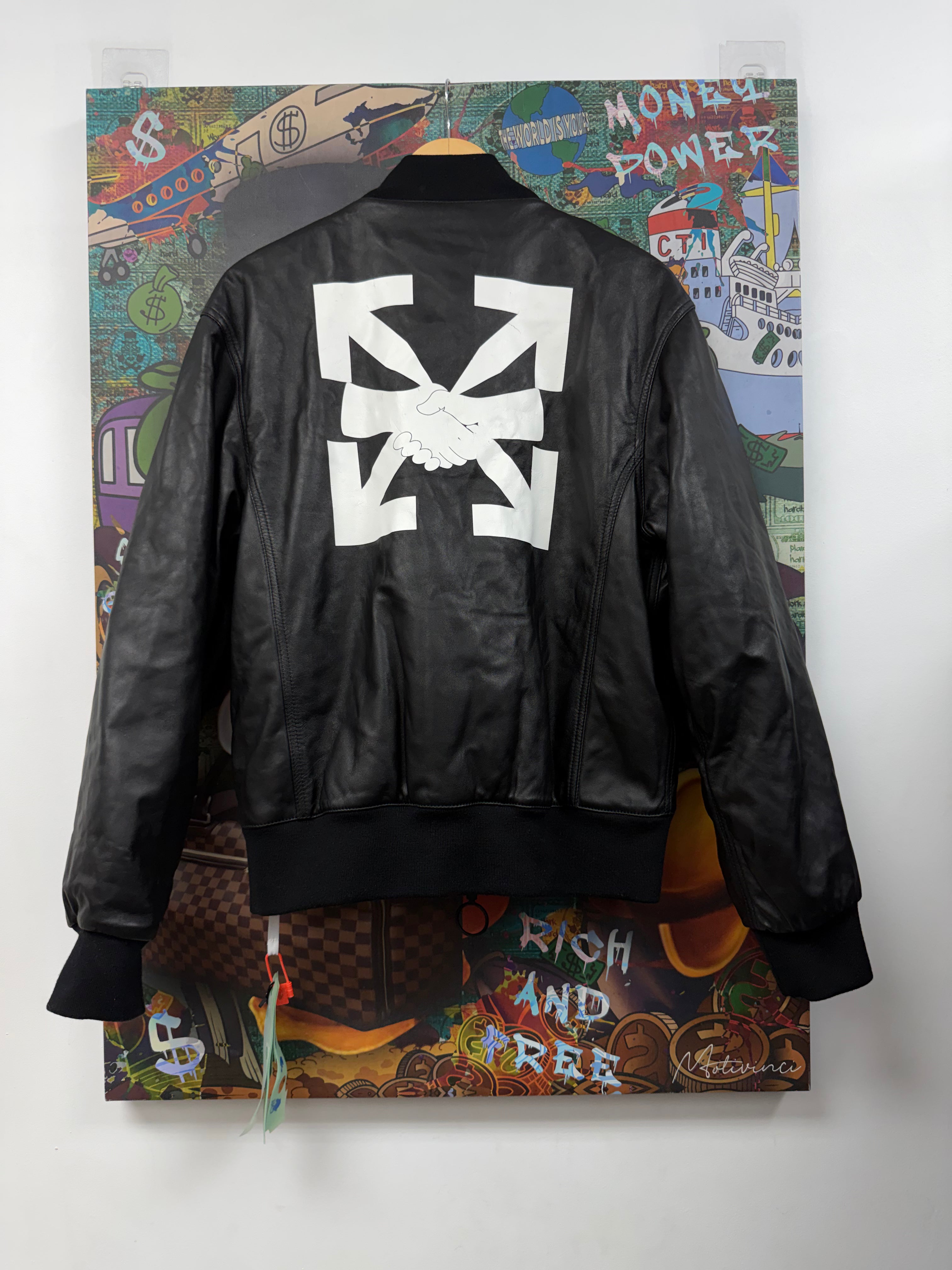 Off-White Black White Classic Deal Leather Bomber Jacket