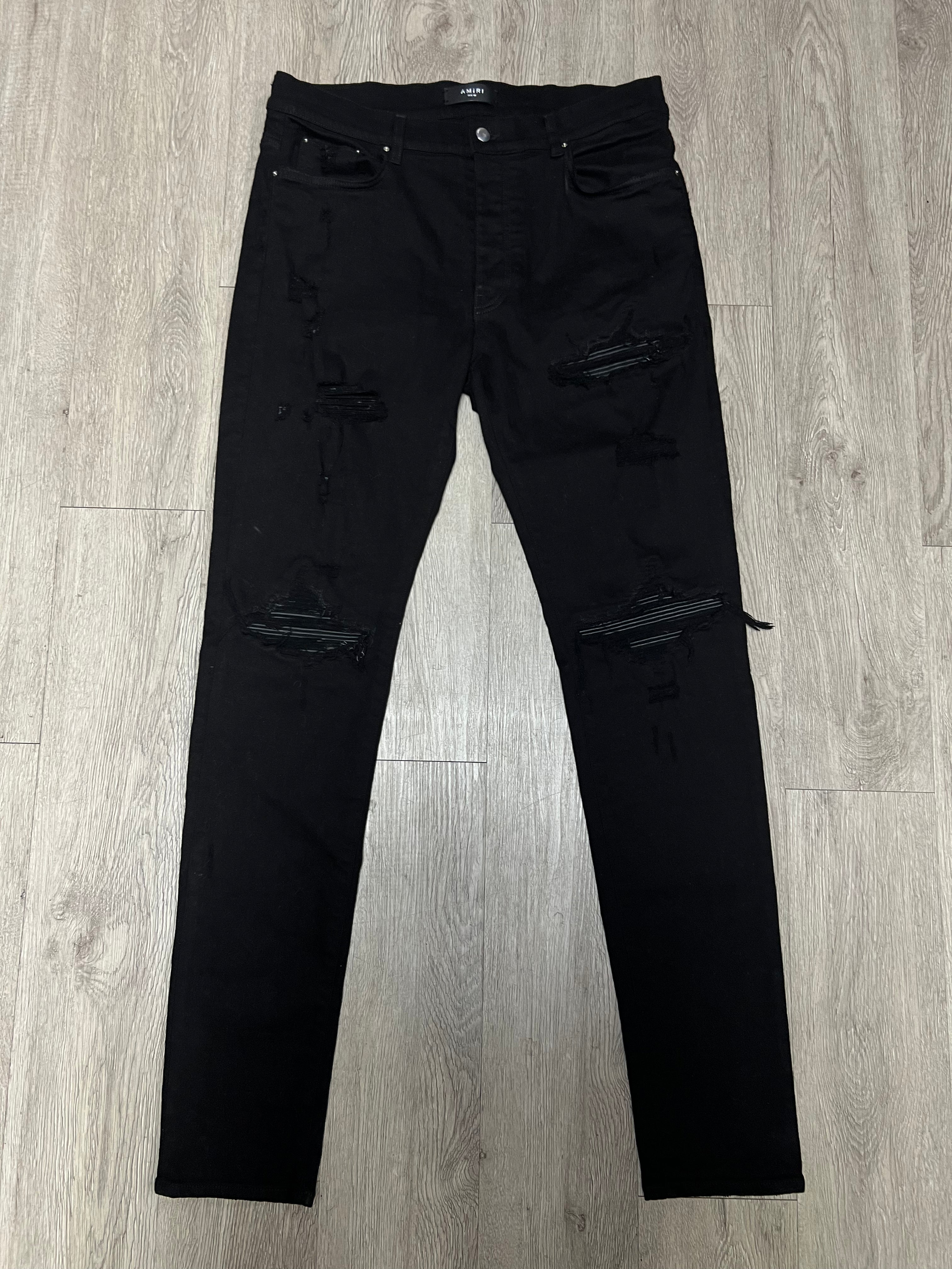 Amiri MX1 Black Black Leather Patch Jeans