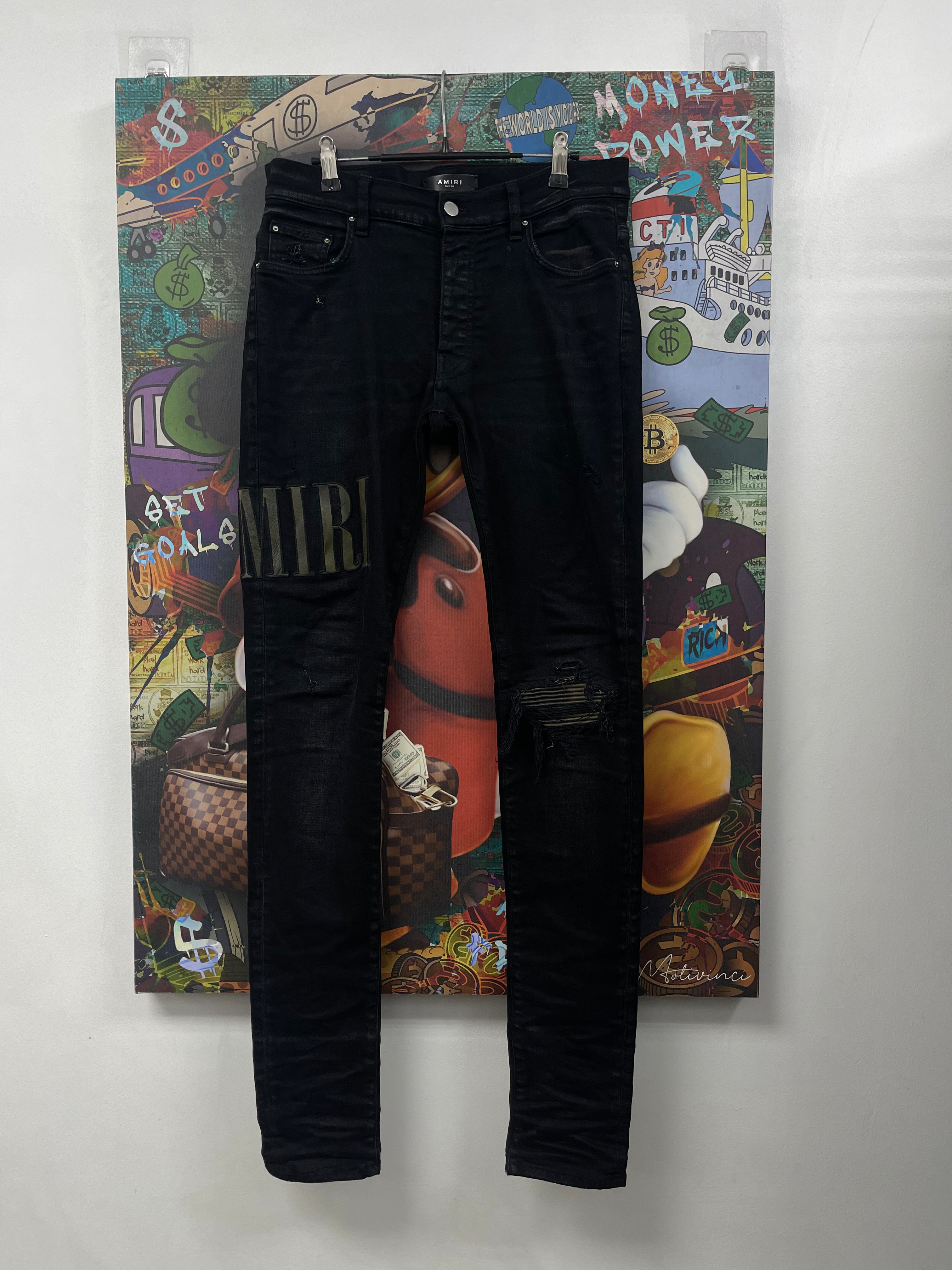 Amiri Black Wash MX1 Camo Leather Patch Jeans