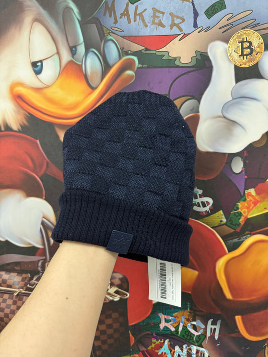LV Damier Beanie Navy Leather Patch New OSFM N/A