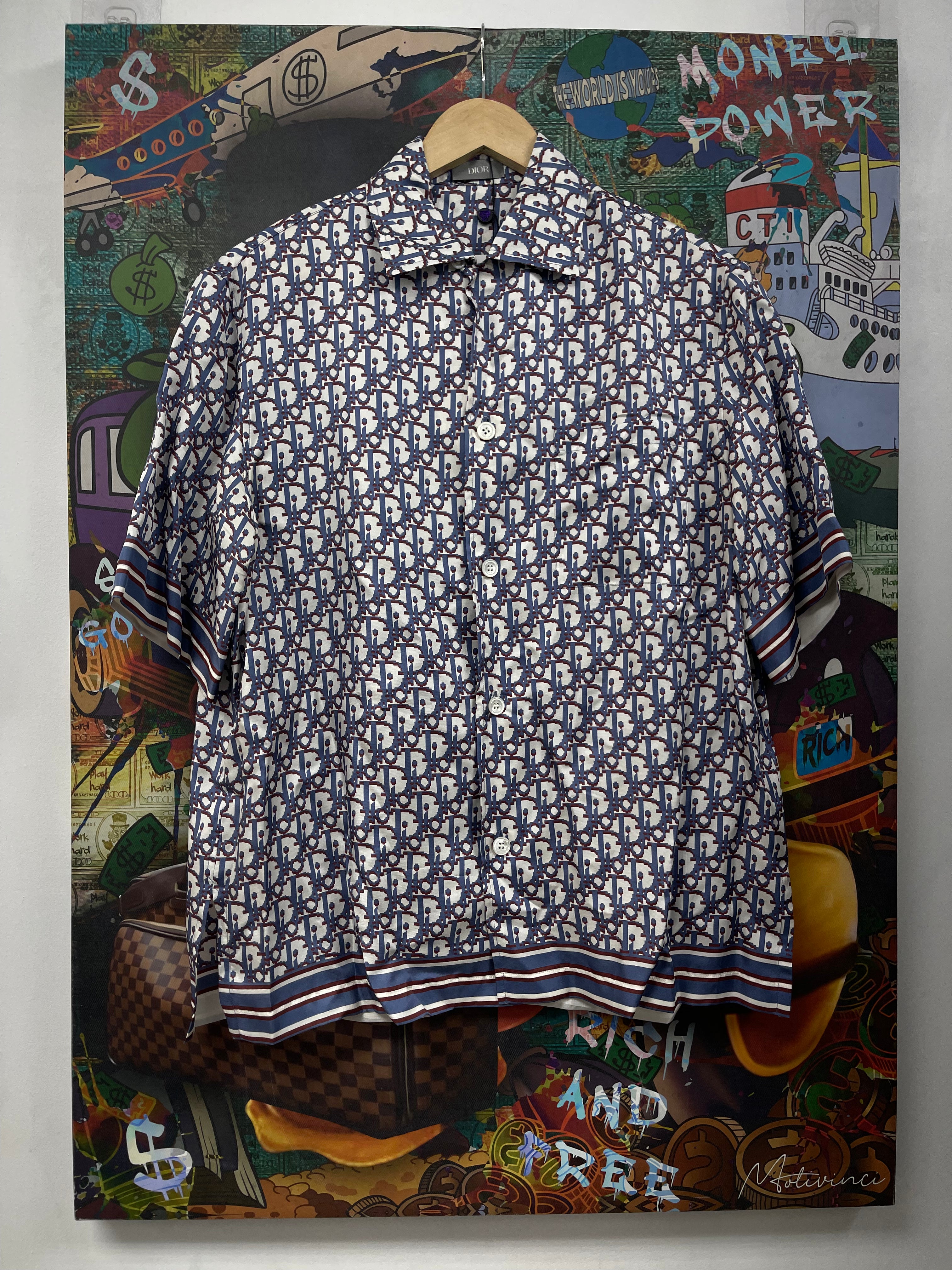 Dior Baby Blue Burgundy Silk Oblique Button Up Shirt