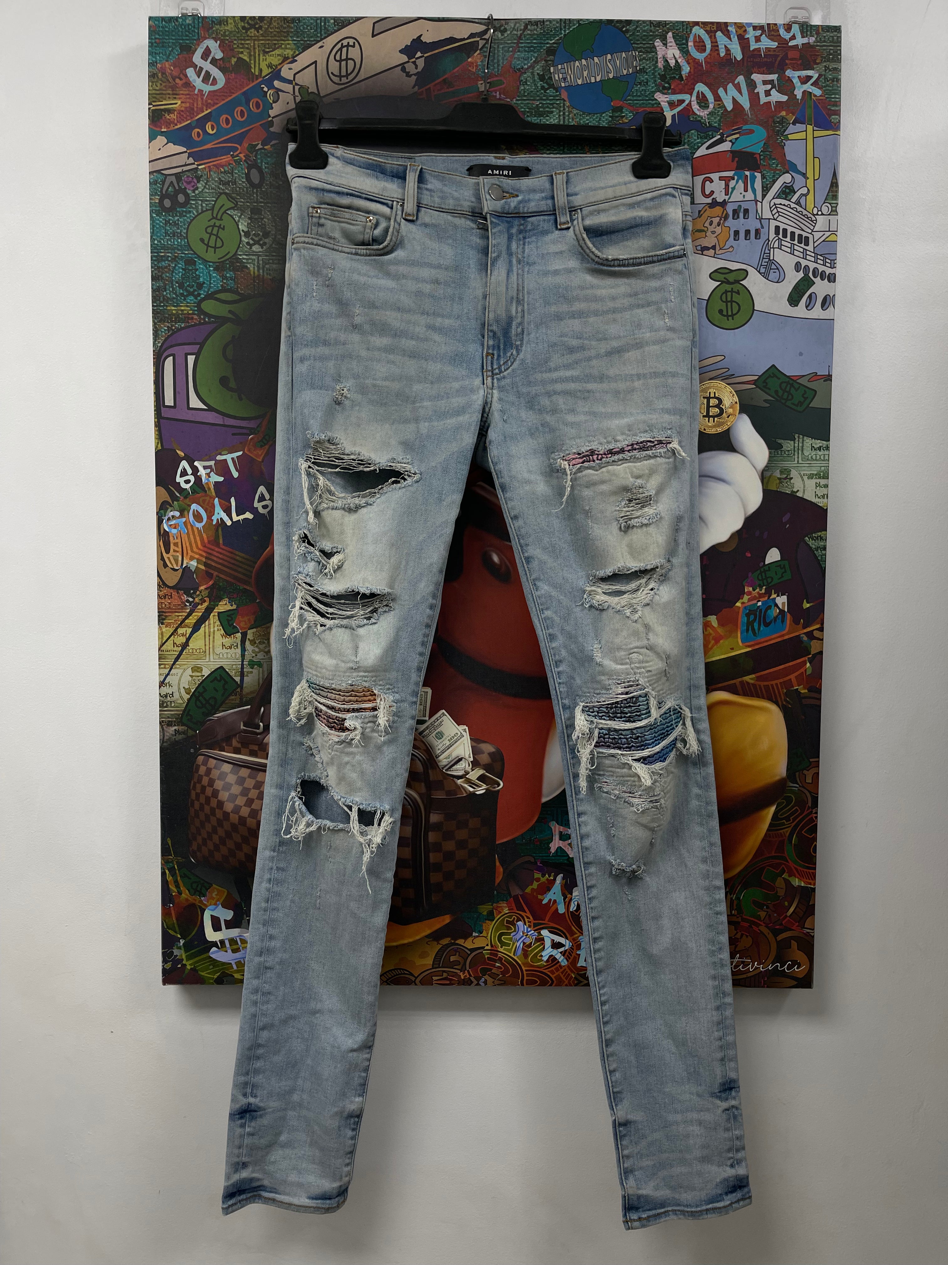 Amiri MX1 Light Wash Tie Dye Paisley Patch Jeans