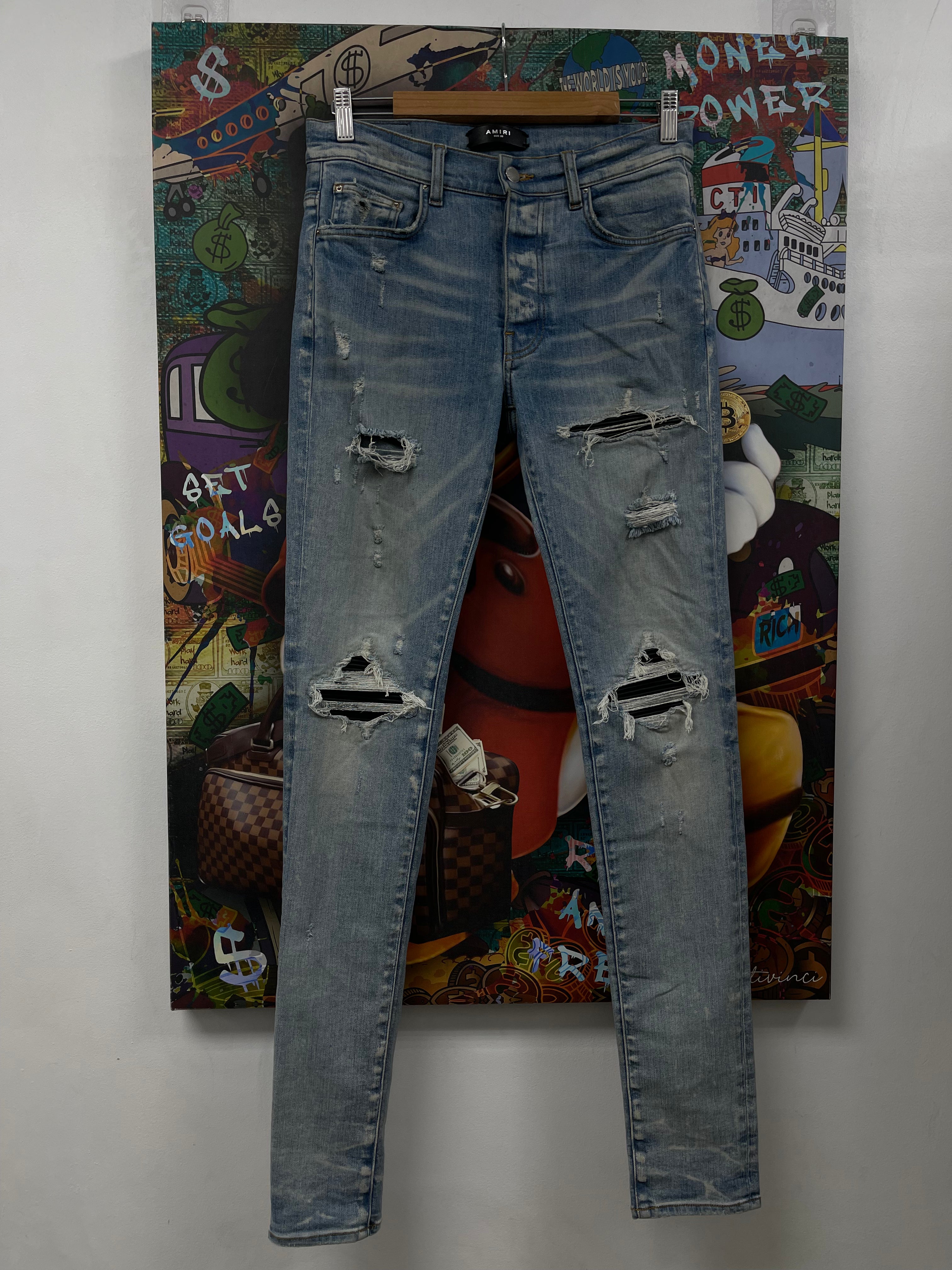 Amiri MX1 Light Wash Black Patch (Missing Metal Tag) Jeans