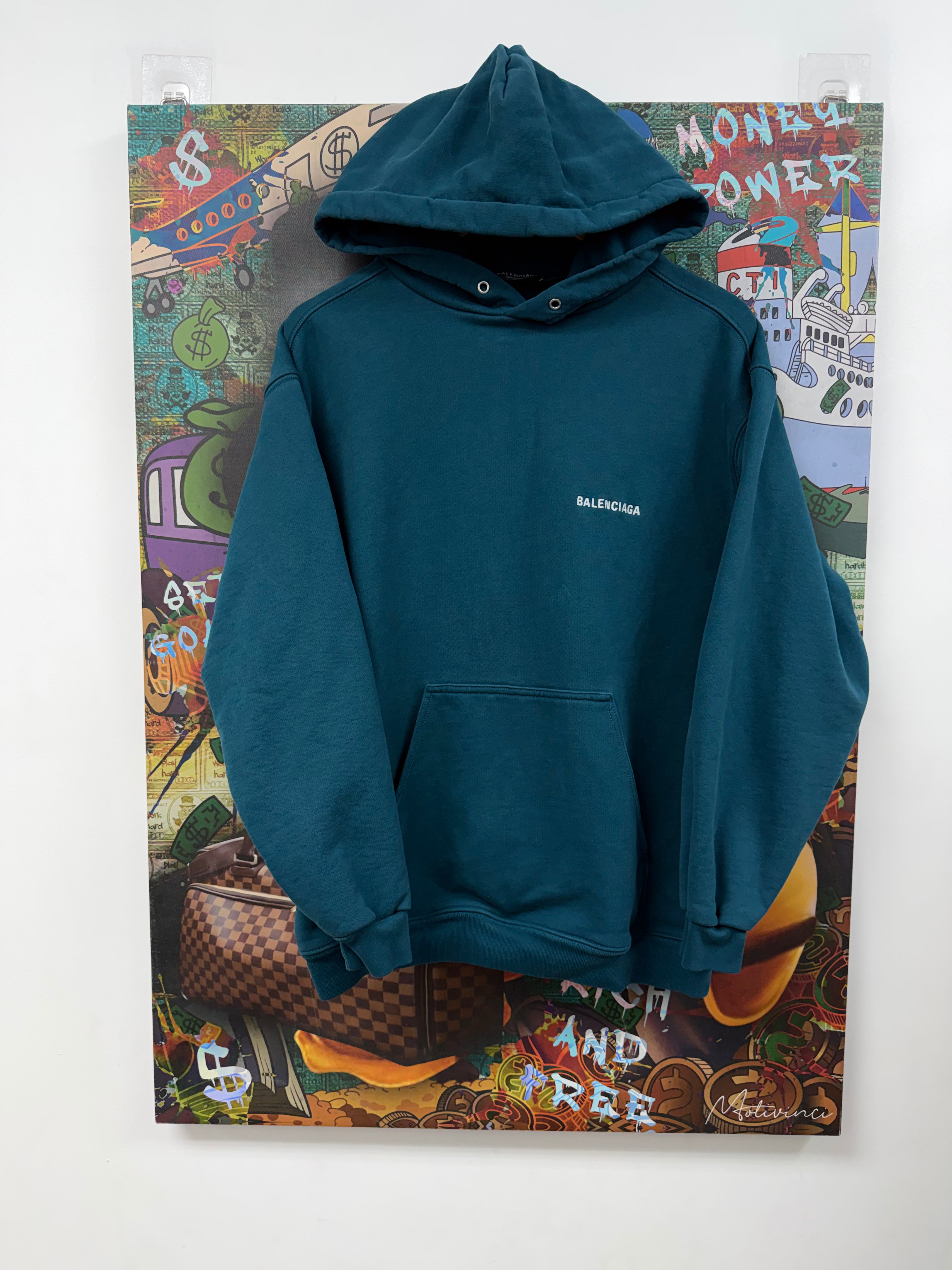 Balenciaga Teal White Logo Hoodie