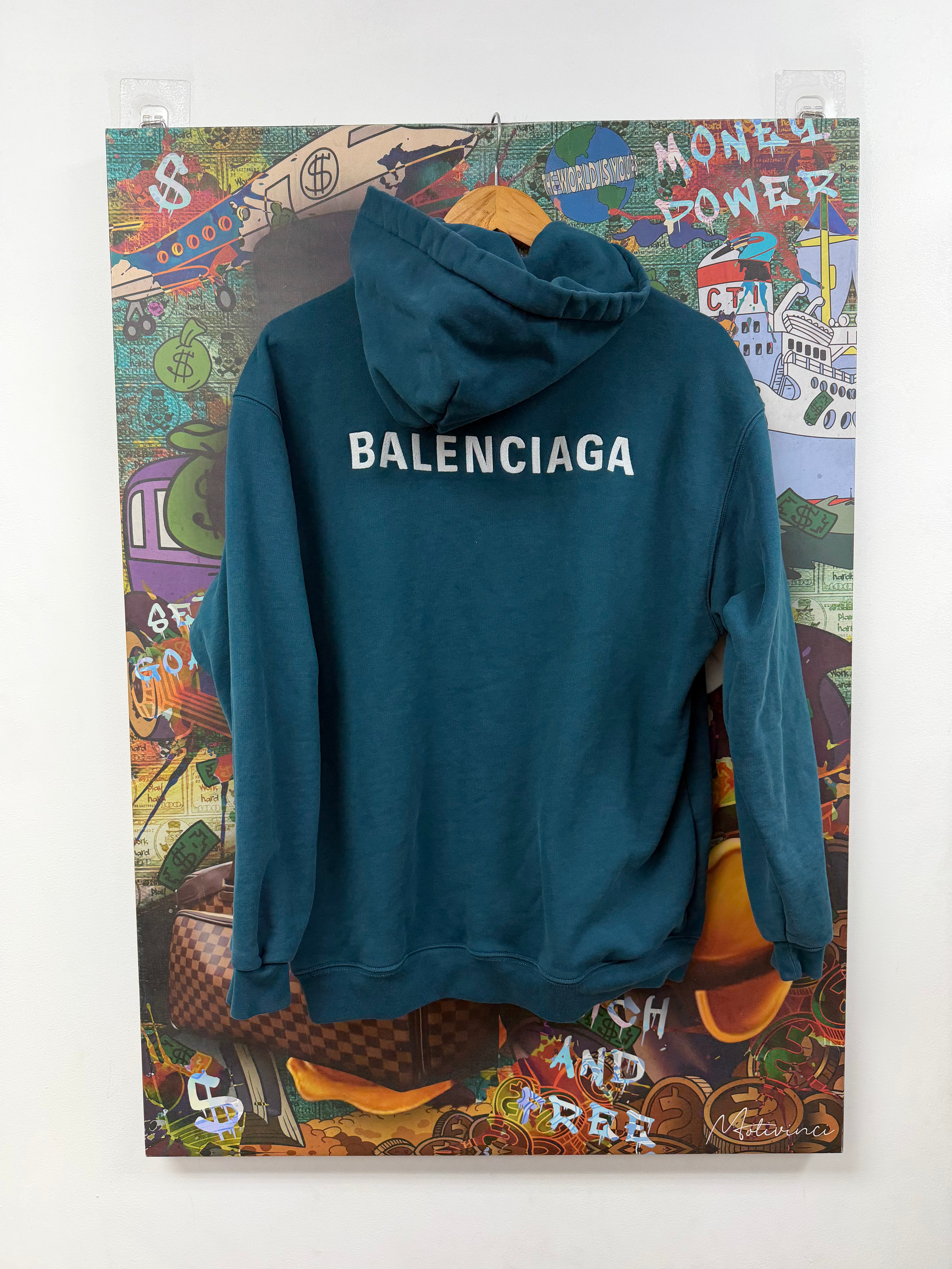 Balenciaga Teal White Logo Hoodie