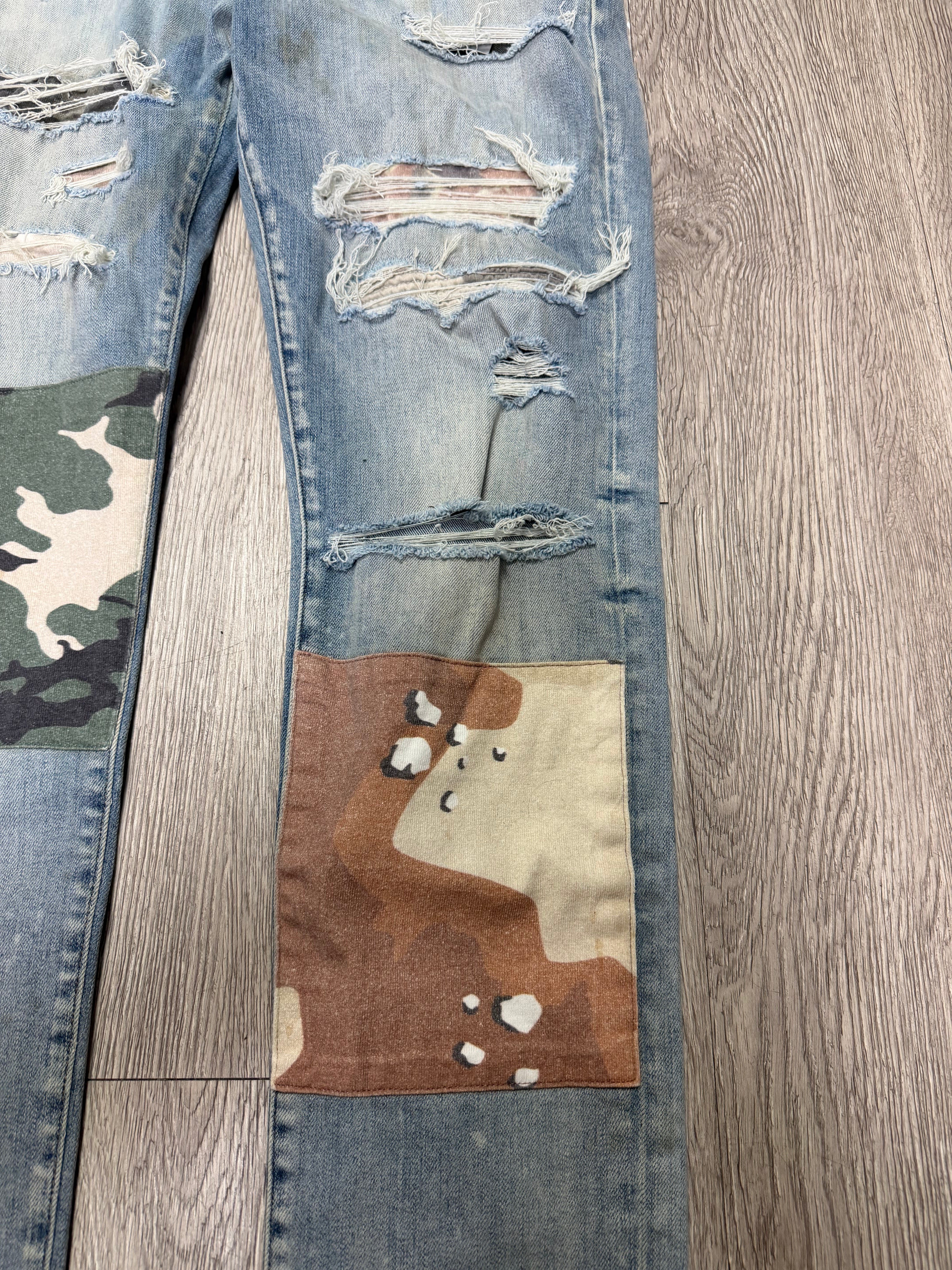 Amiri Desert Camo Patchwork Light Wash Jeans