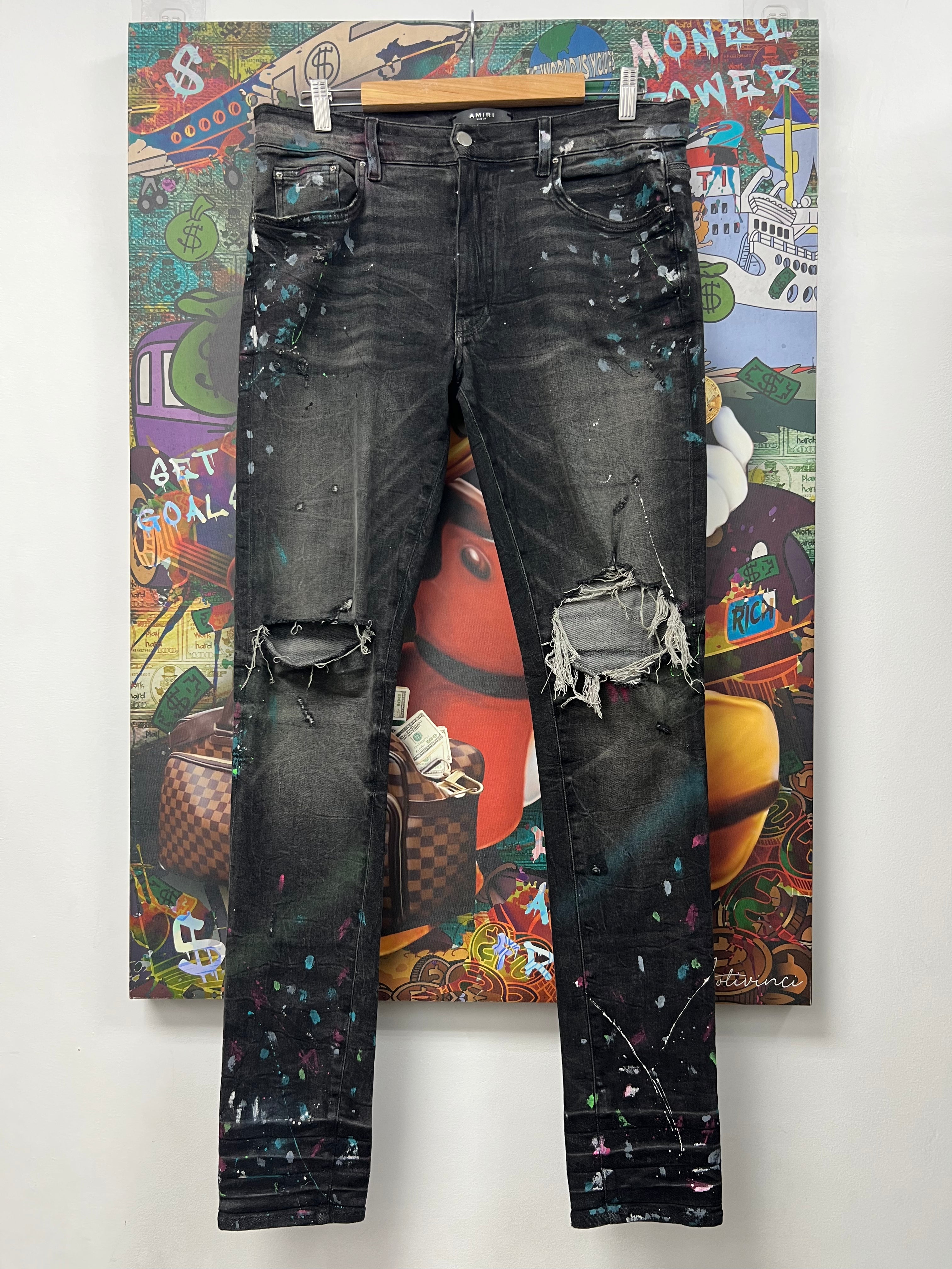 Amiri Black Wash Teal Splatter Ripped Jeans