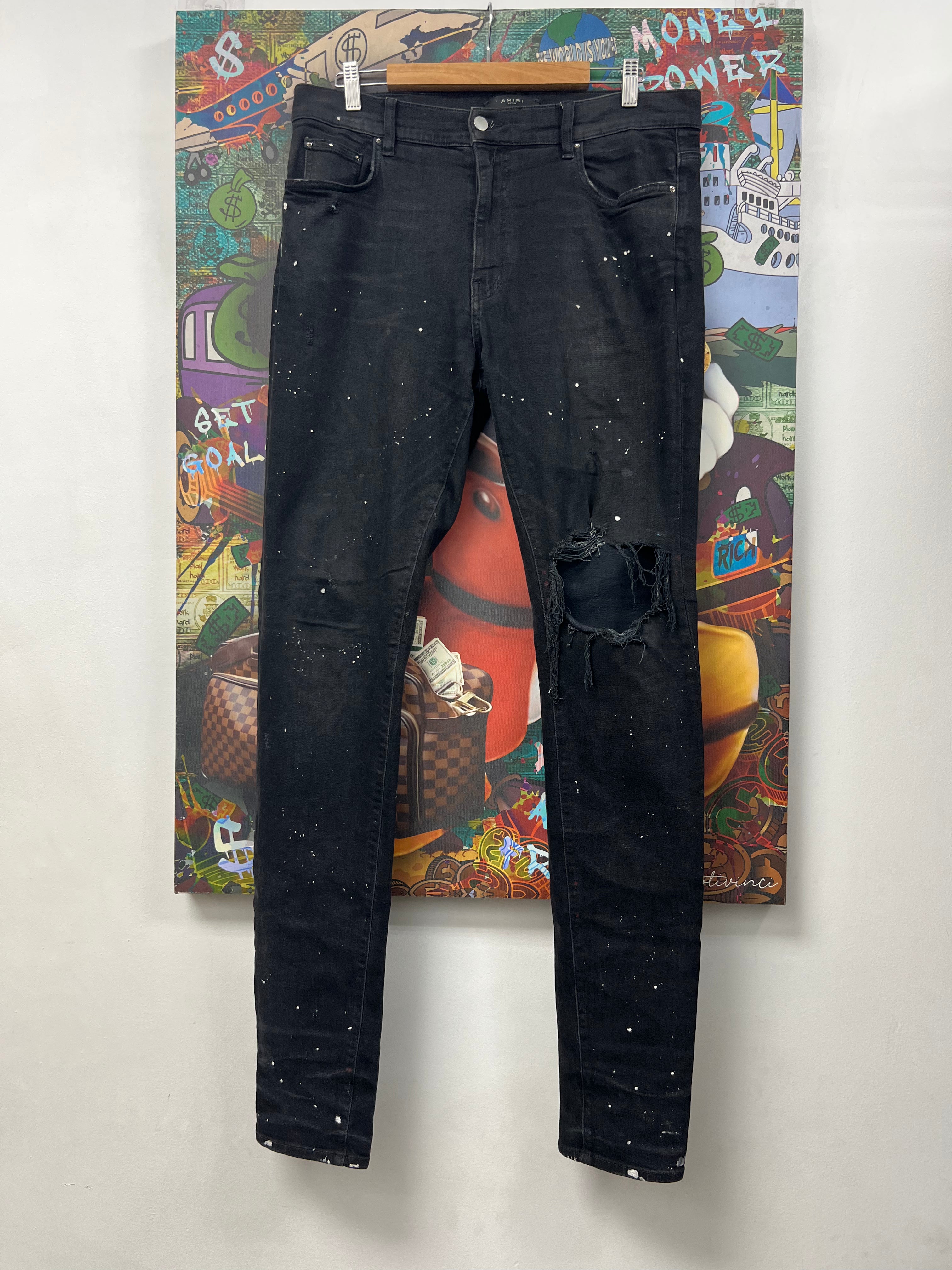 Amiri Black Wash White Splatter Ripped Jeans