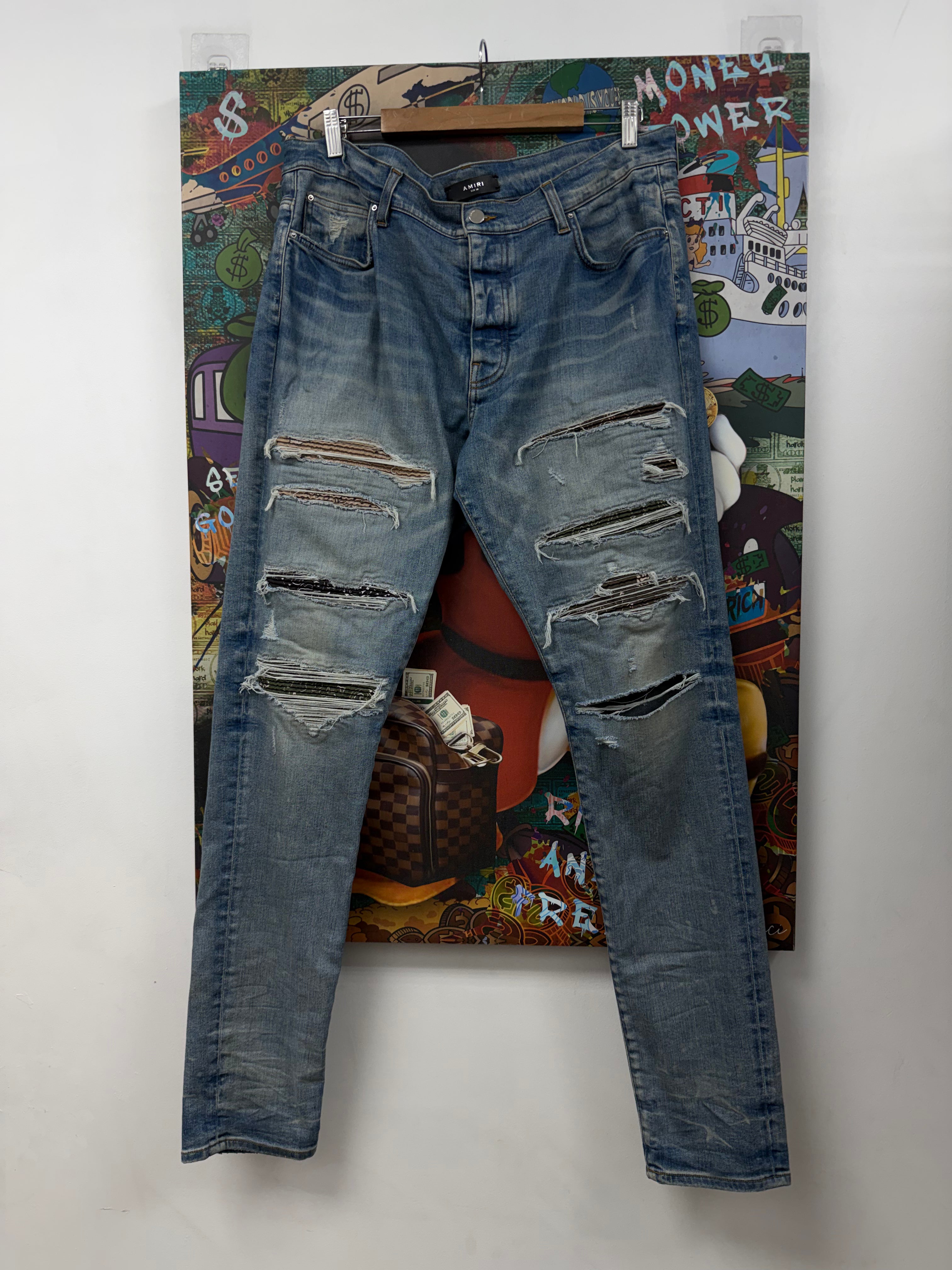 Amiri Light Wash Olive Tan Paisley Thrasher Patch Jeans