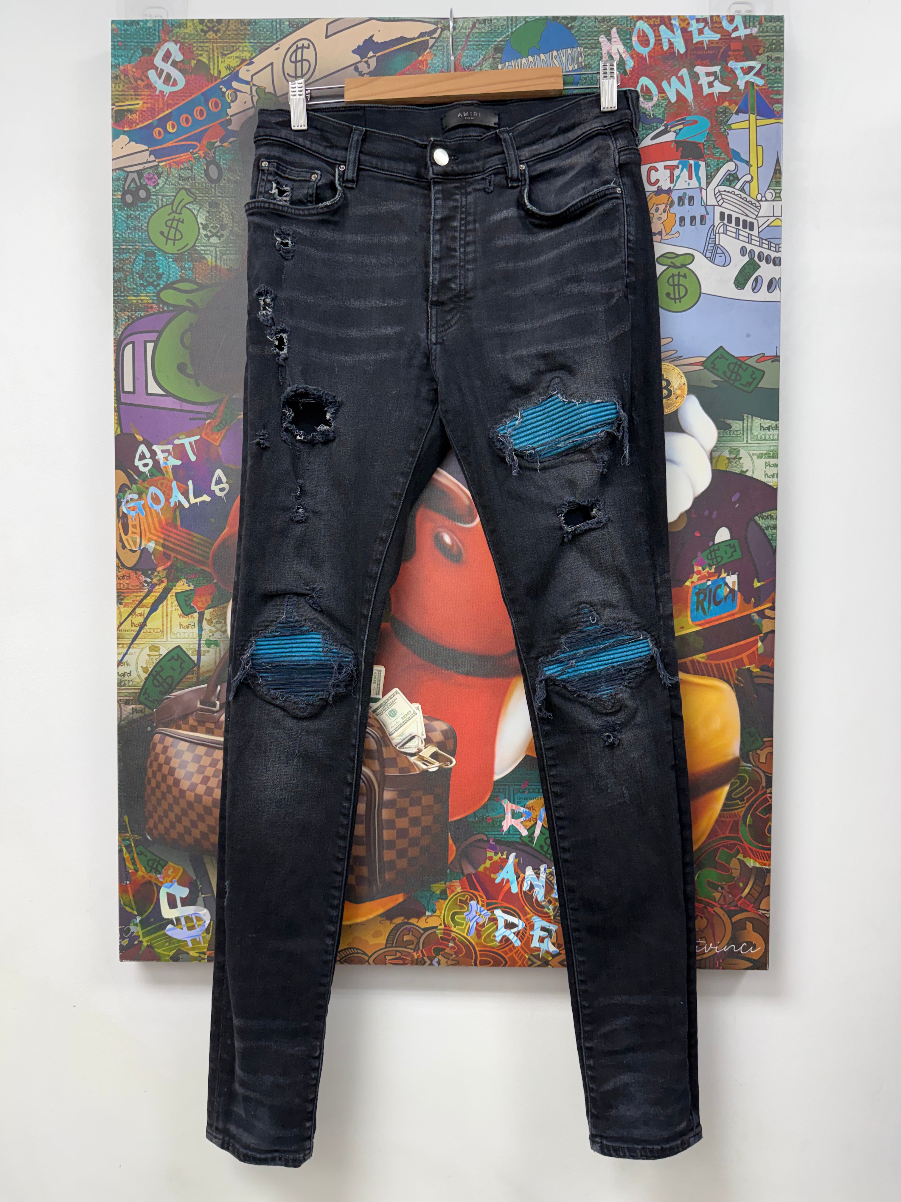 Amiri Mx1 Black Blue Crackle Patch Jeans