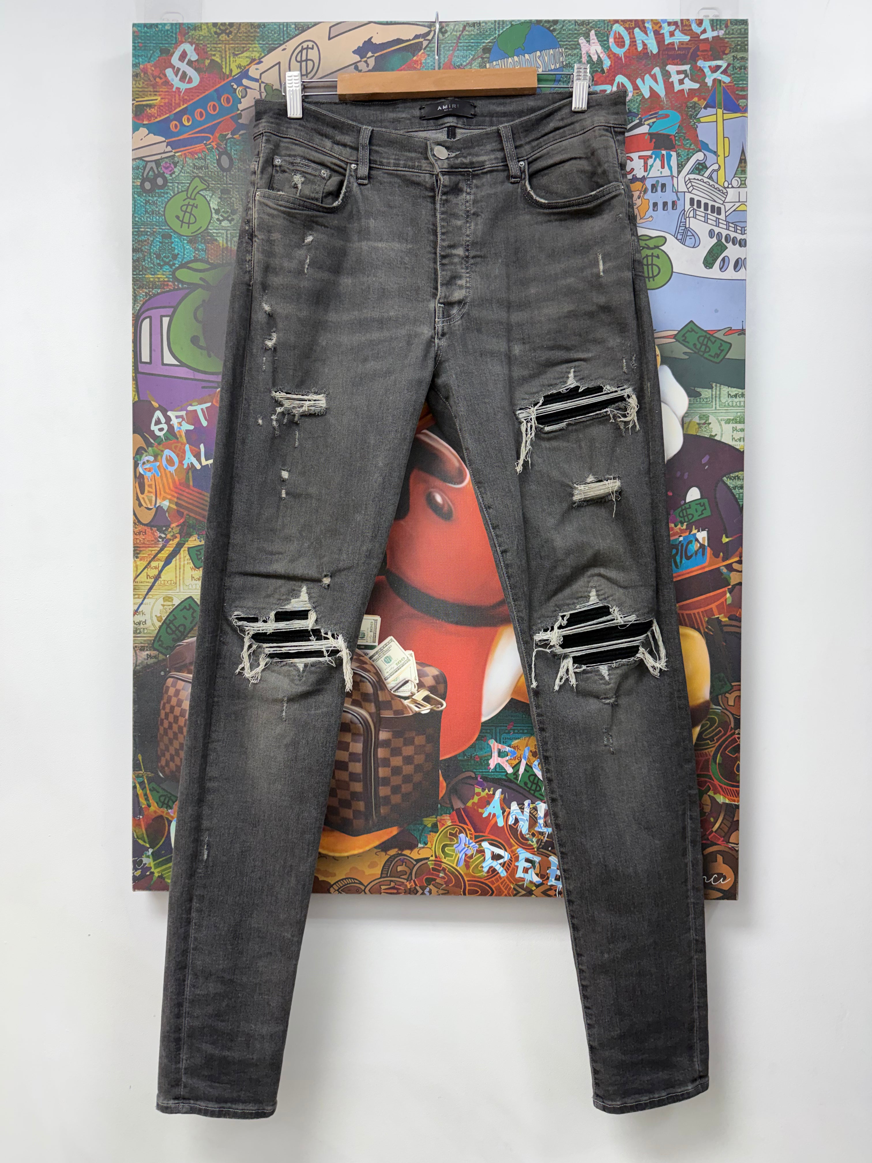 Amiri MX1 Grey Black Suede Patch Jeans