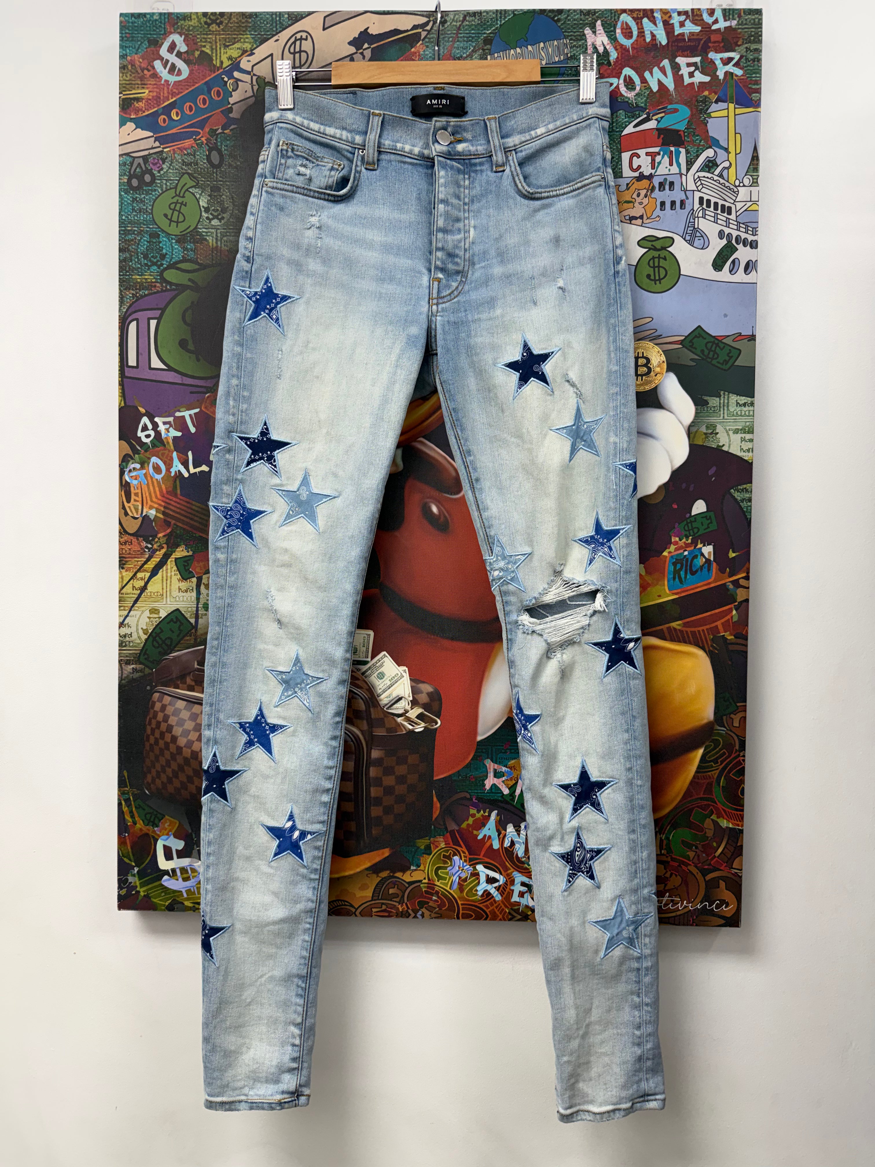 Amiri Light Wash Navy Baby Blue Paisley Stars Jeans