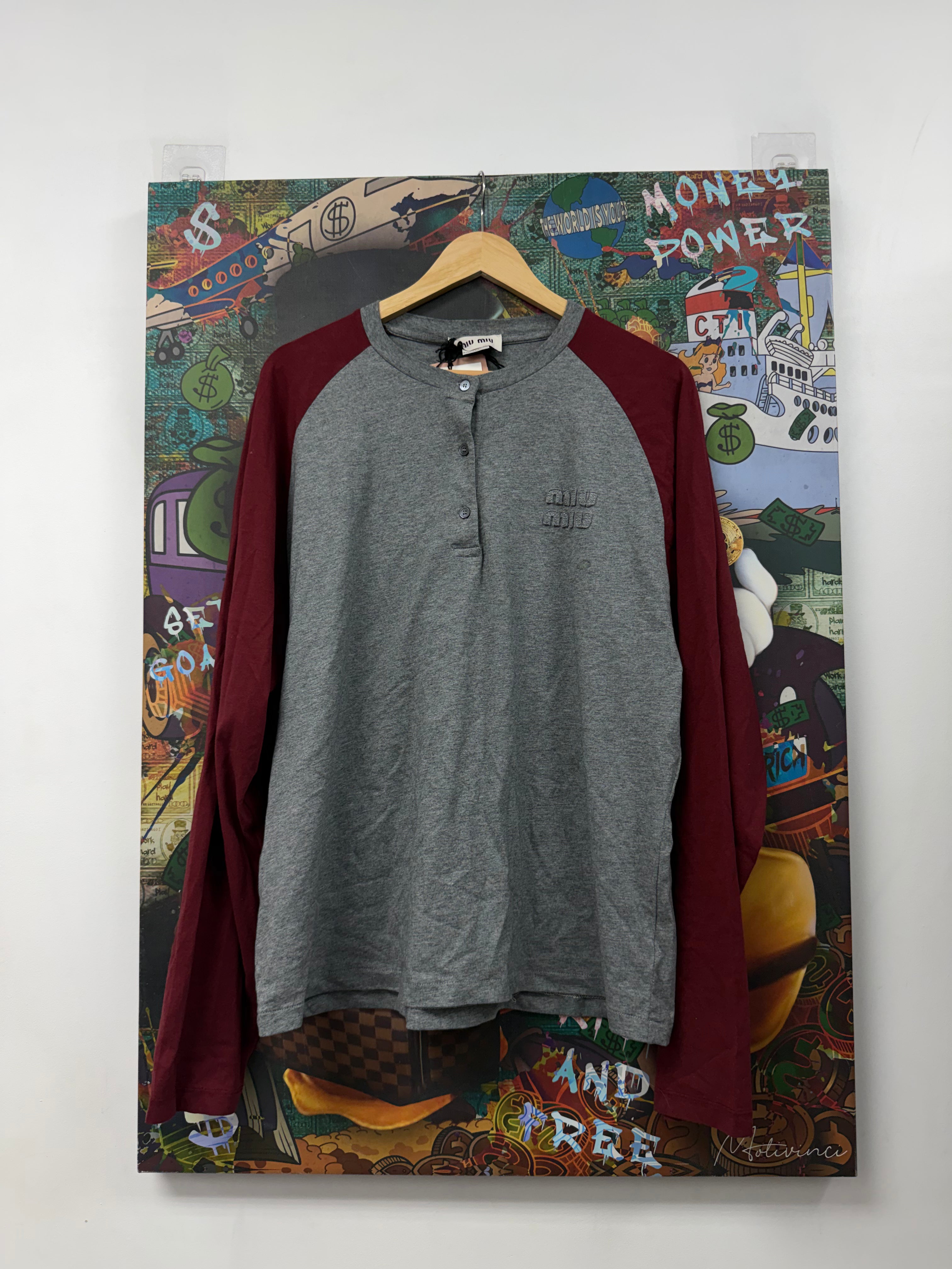 Miu Miu Grey Maroon Baseball Raglan Jersey Long Sleeve