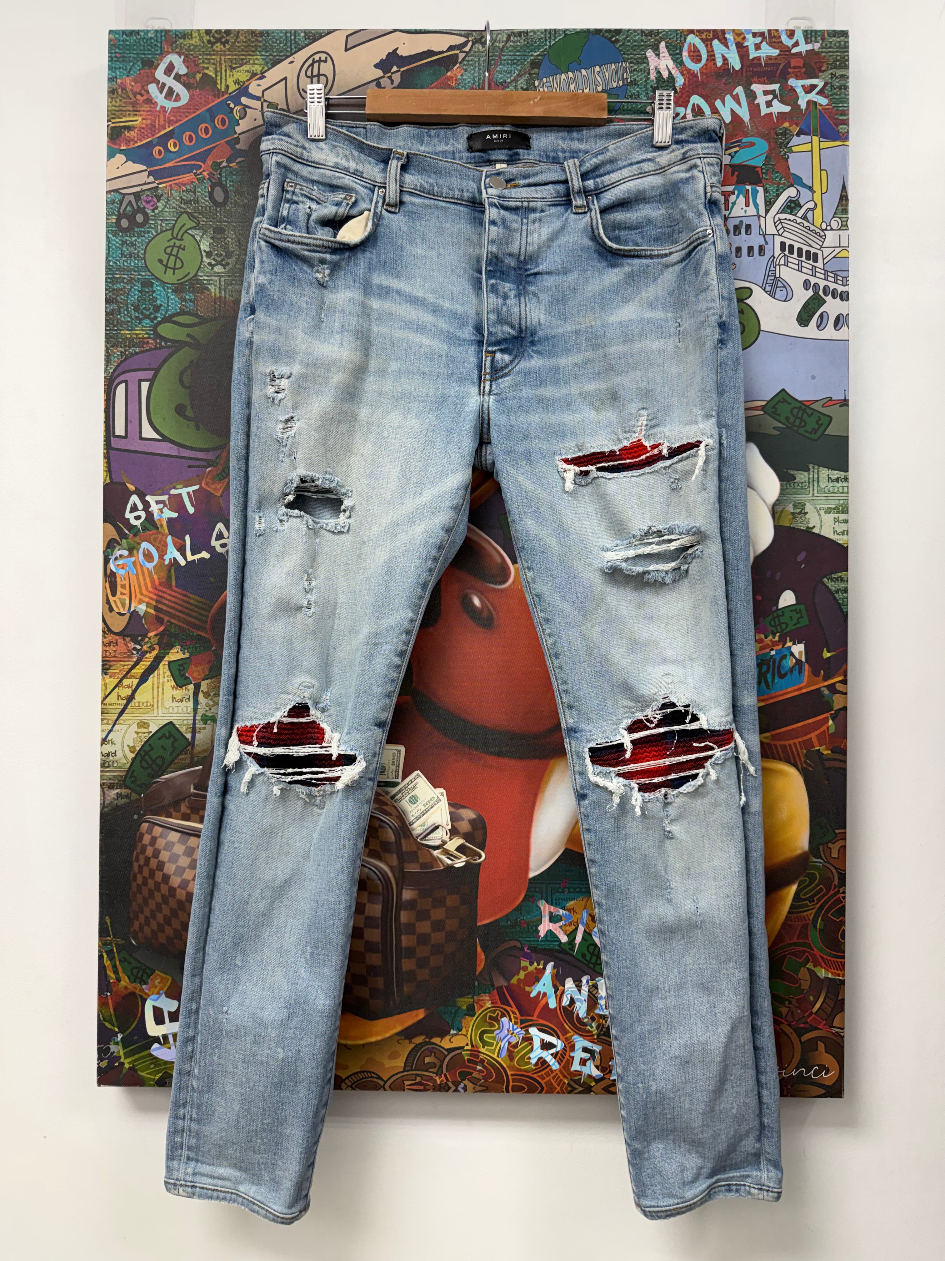 Amiri MX1 Light Wash Navy Red Plaid (Altered Short) Jeans