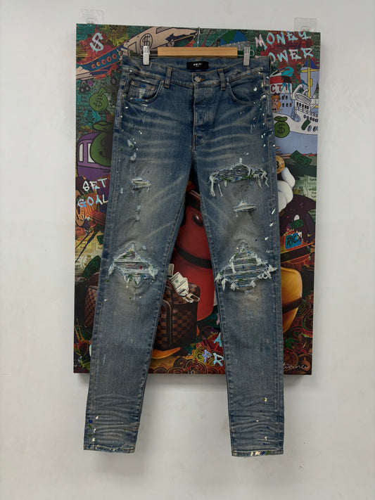 Amiri MX1 Light Wash Denim Splatter New 34 With Tags