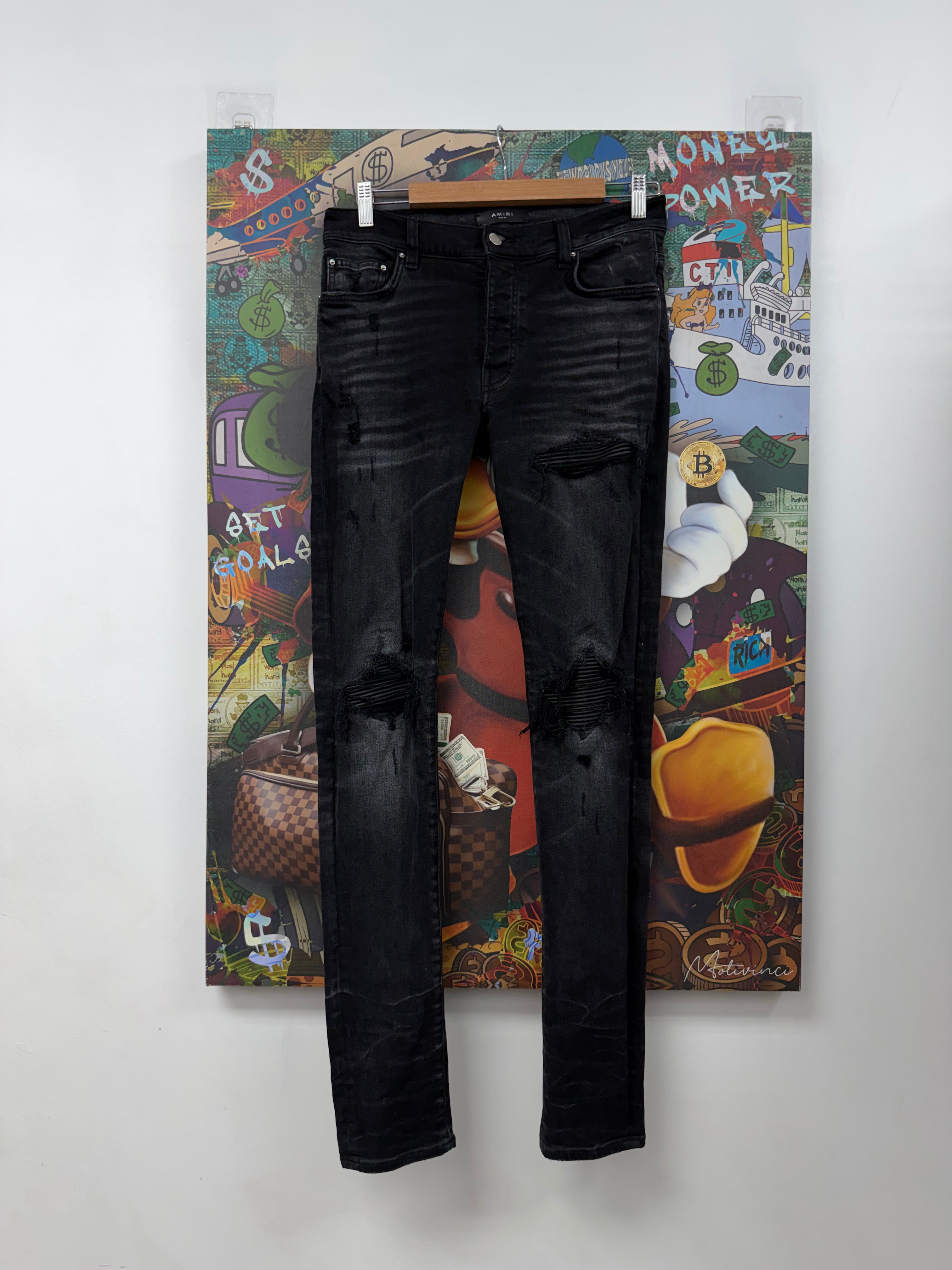 Amiri MX1 Black Faded Leather Patch Jeans