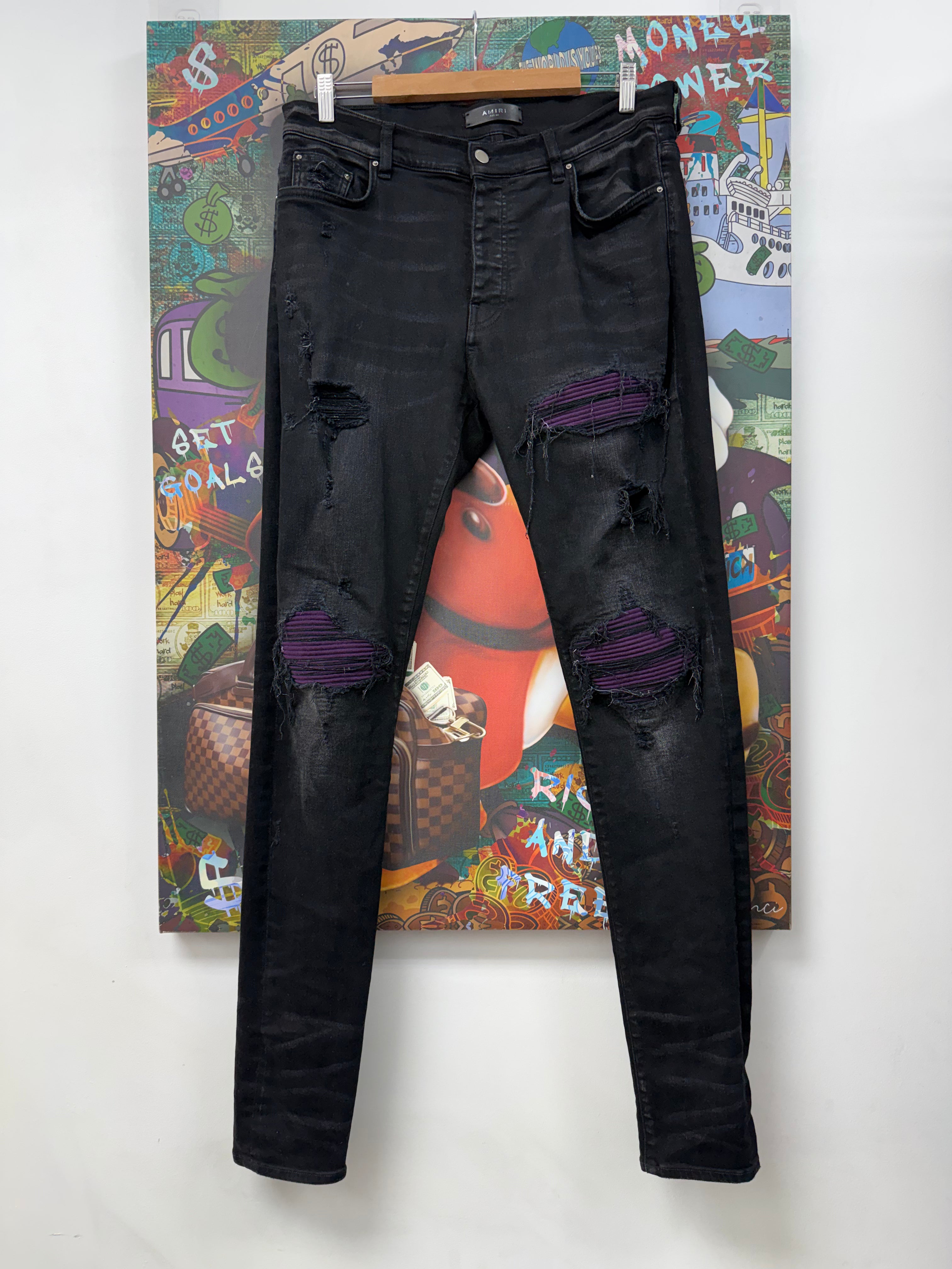 Amiri MX1 Black Wash Purple Suede Patch Jeans