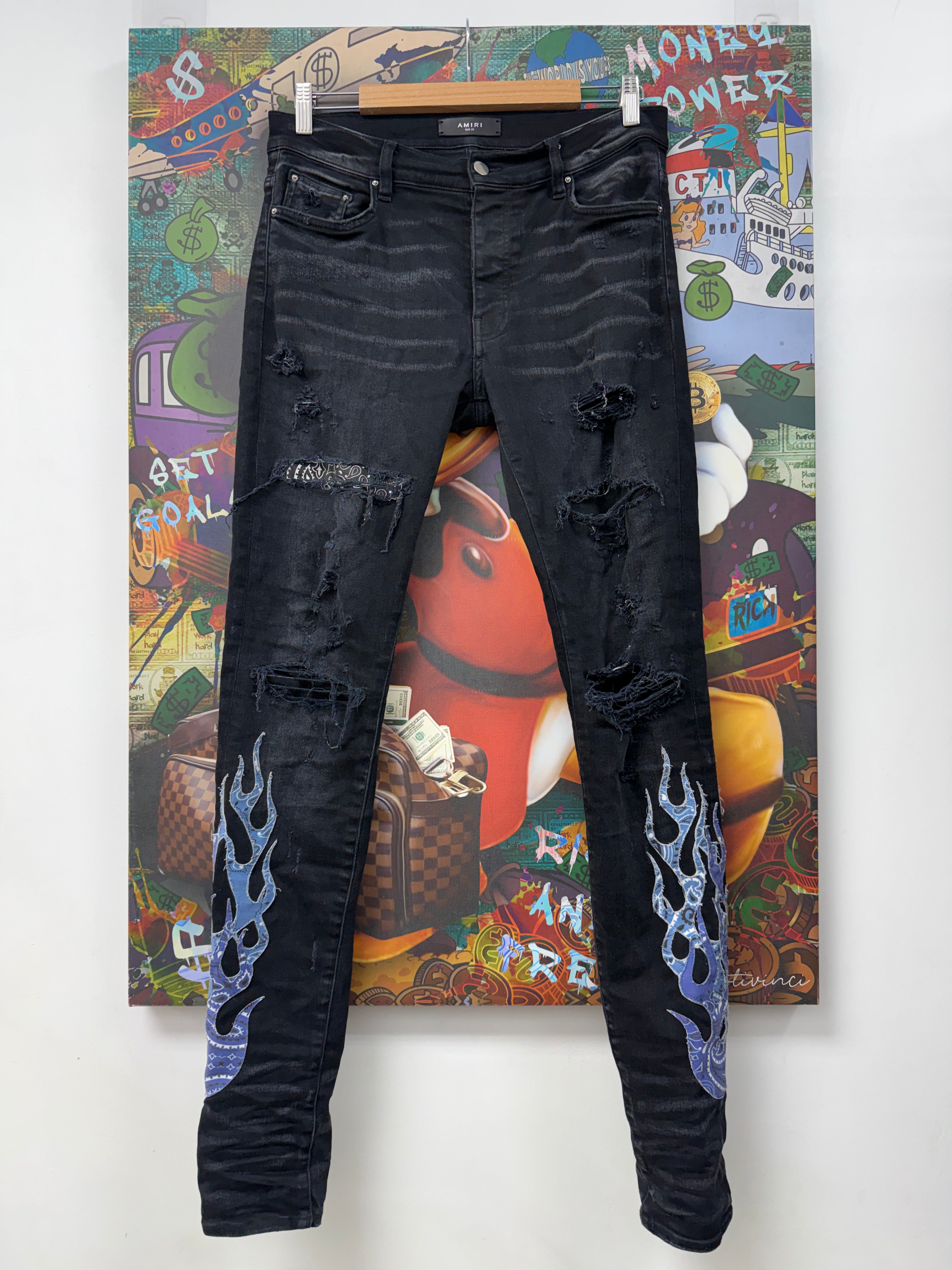 Amiri Black Wash Blue Paisley Flames Jeans