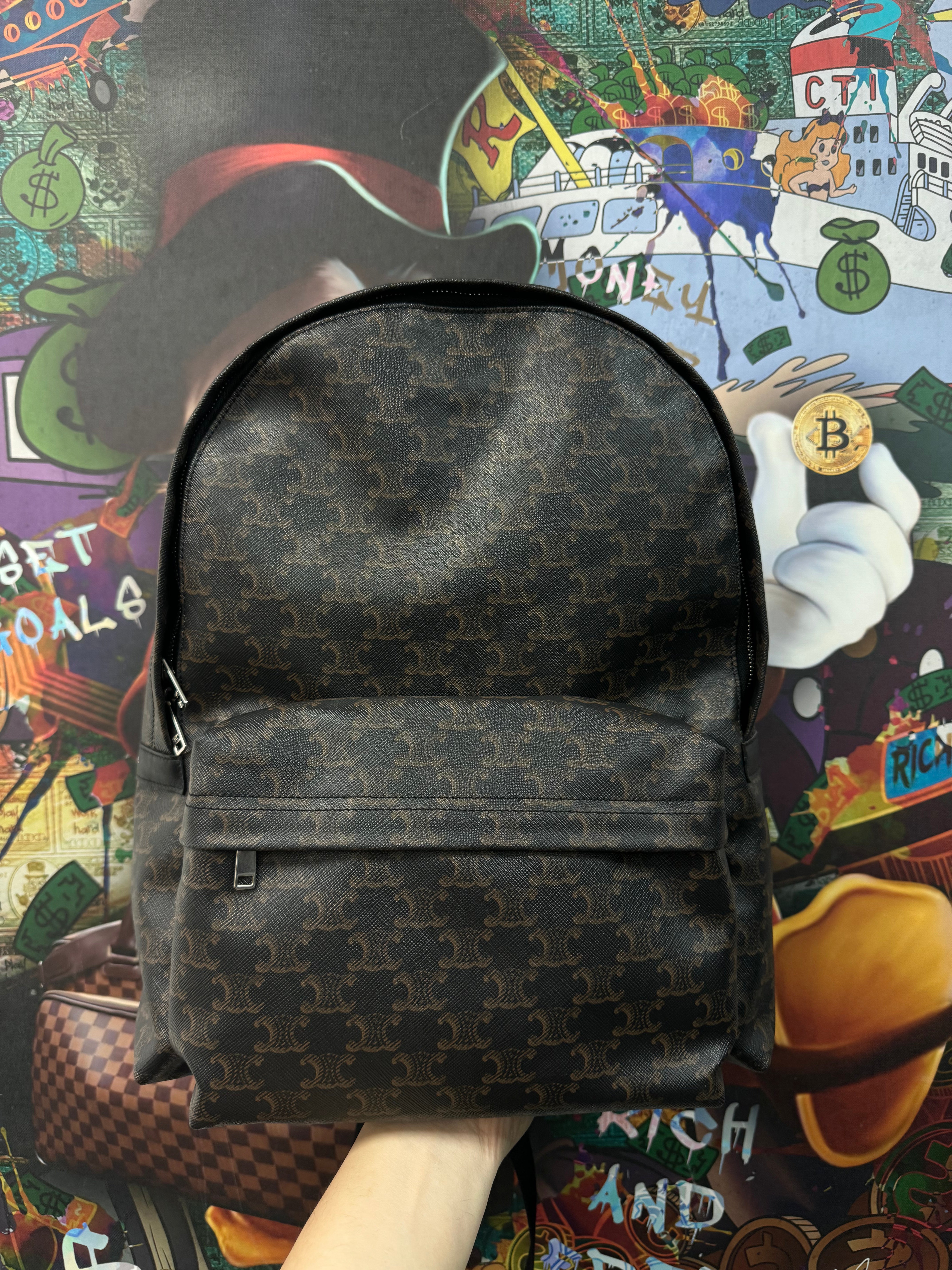 Celine Black Brown Triomphe Canvas Backpack
