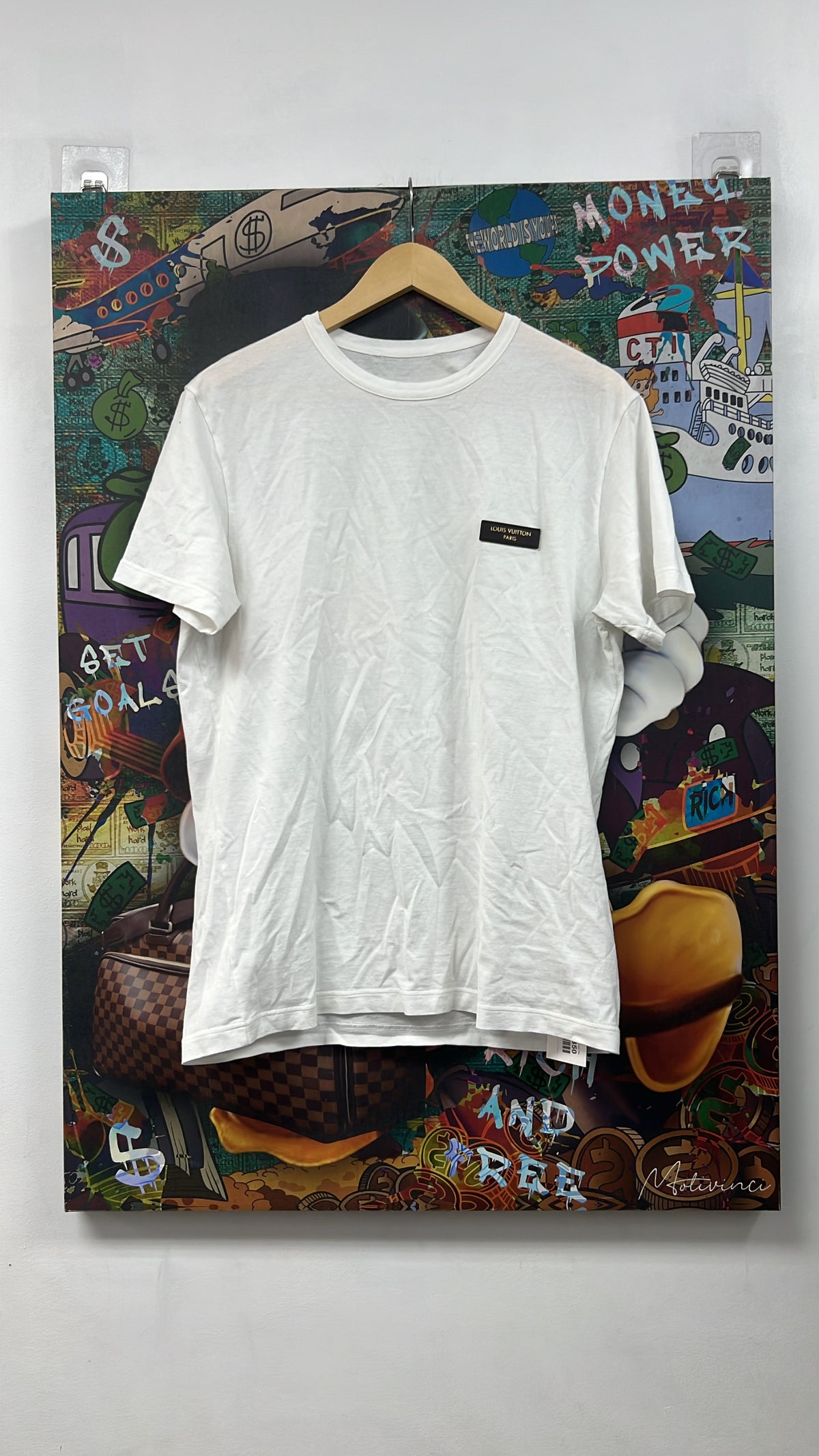 Louis Vuitton White Brown Leather Patch Logo Tee