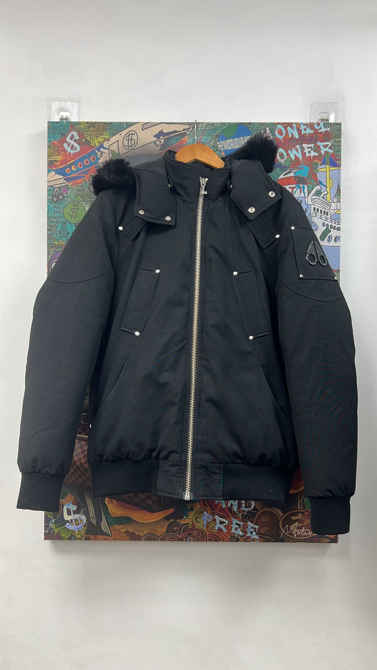 Moose Knuckles Black Fur Bomber Jacket