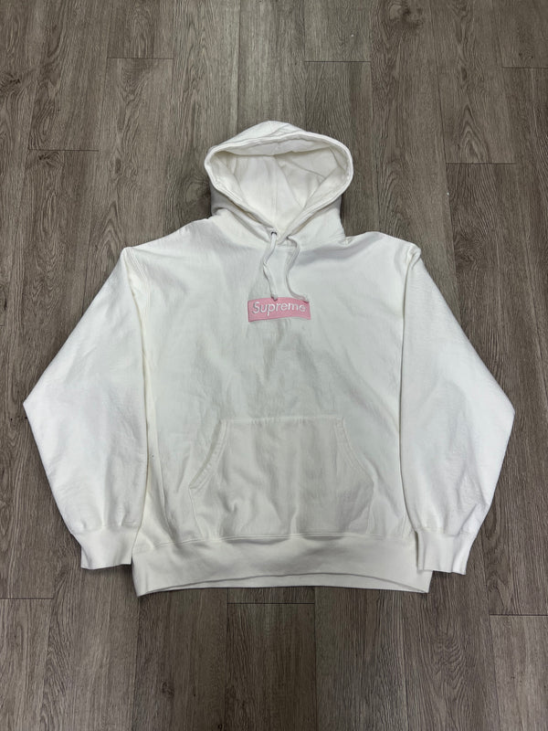 Supreme White Pink Box Logo Hoodie