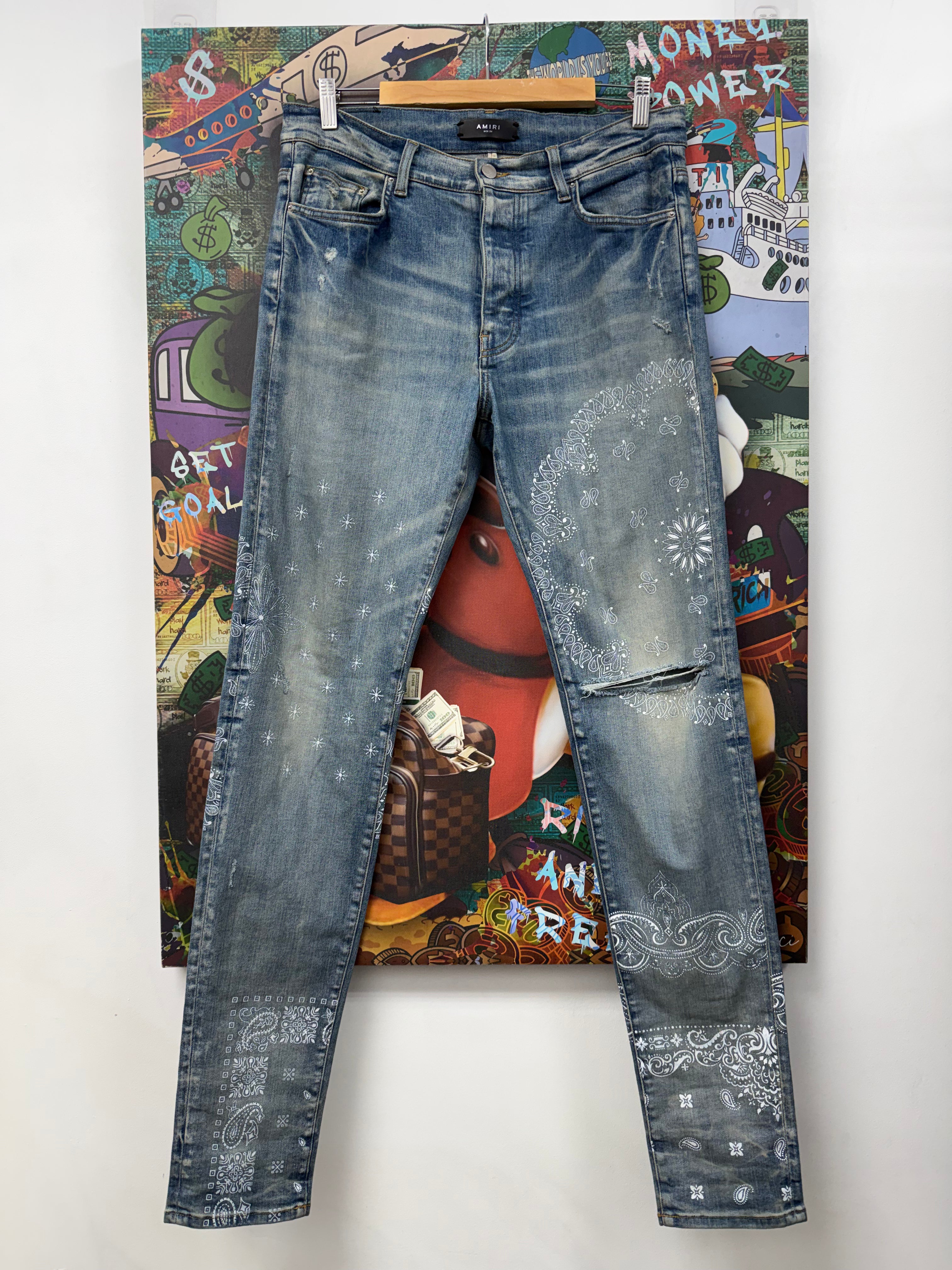 Amiri Light Wash Paisley Monogram Jeans