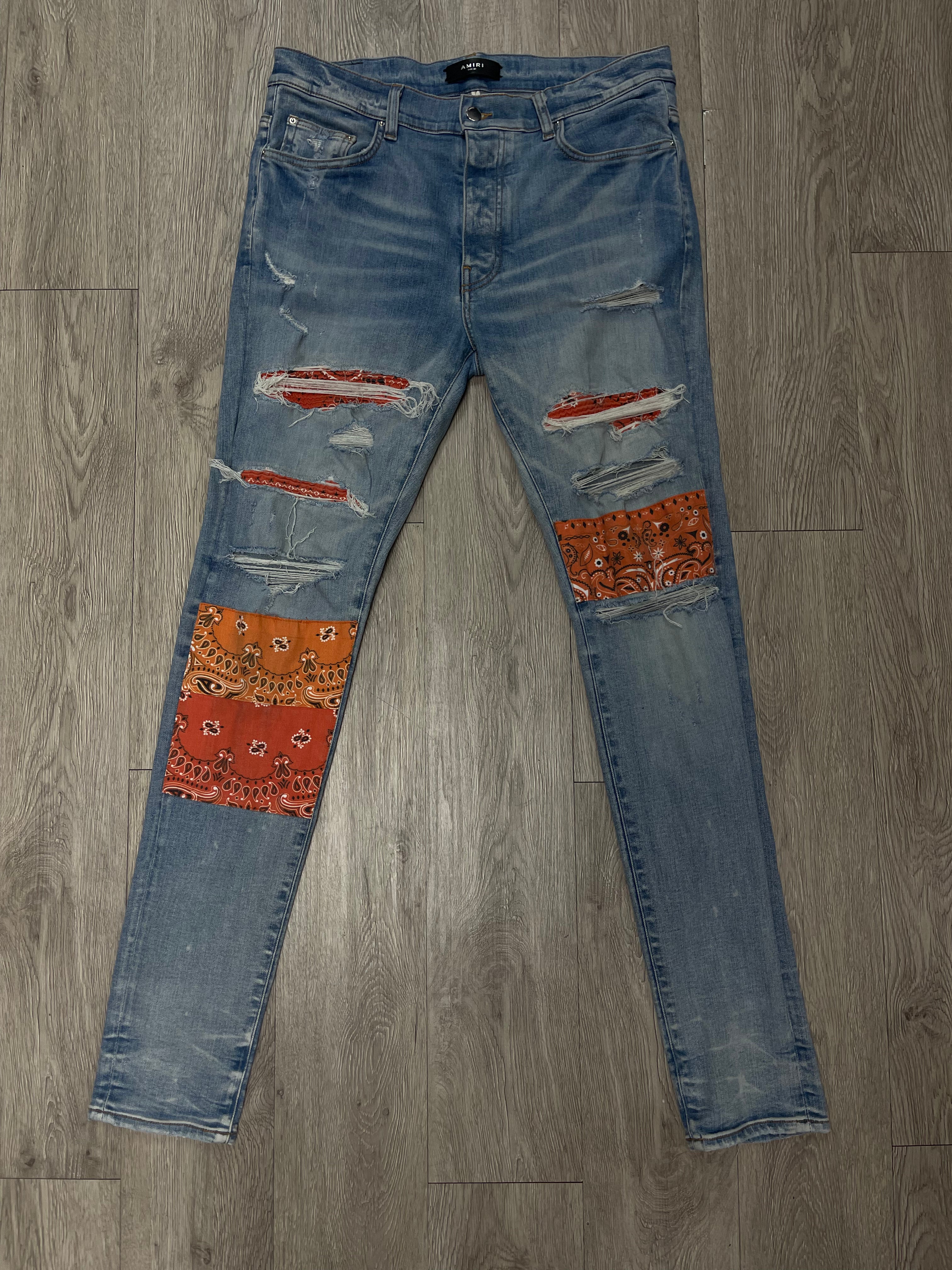 Amiri Light Wash Orange Paisley Thrasher Patchwork Jeans