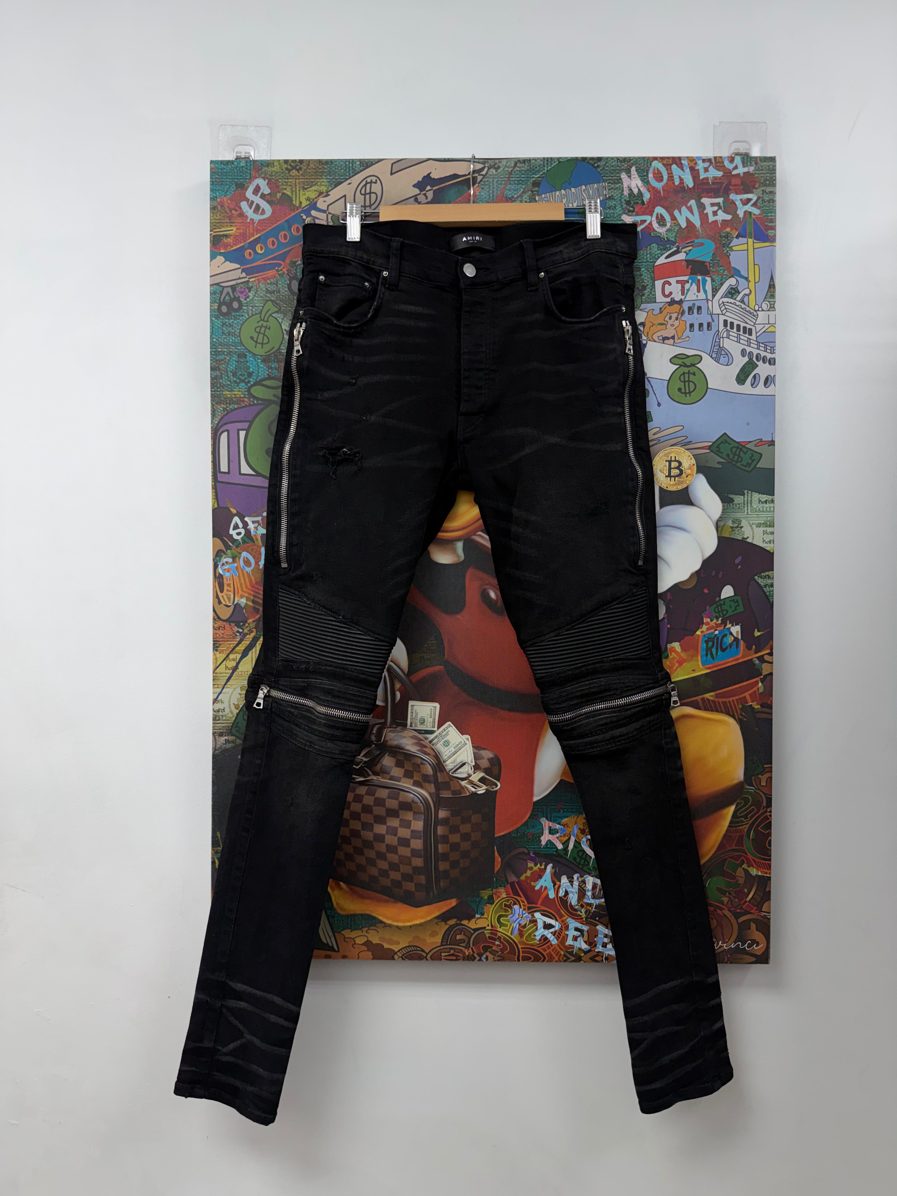 Amiri MX2 Black Black Leather Patch Jeans