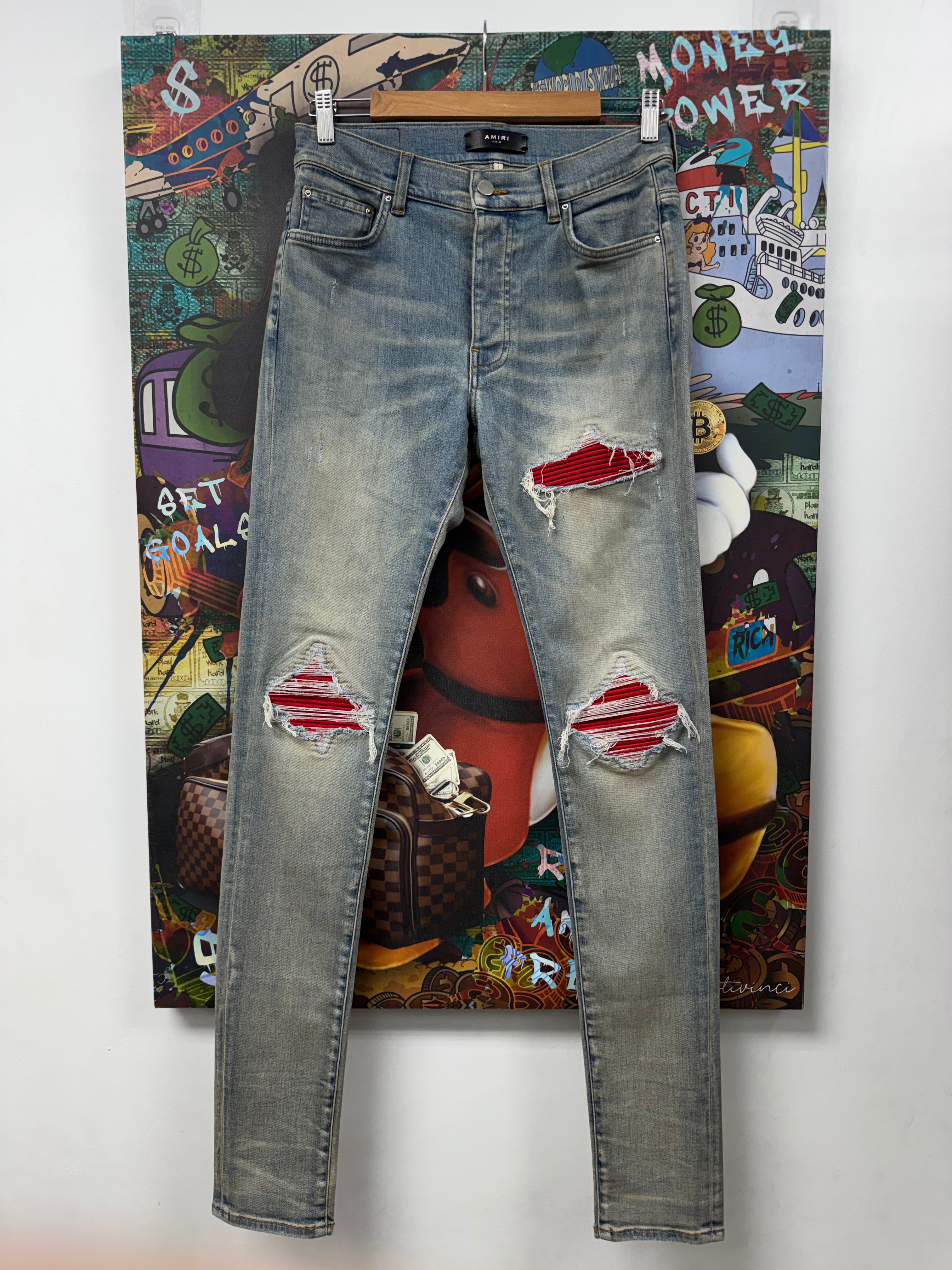 Amiri MX1 Light Wash Red Suede Patch Jeans