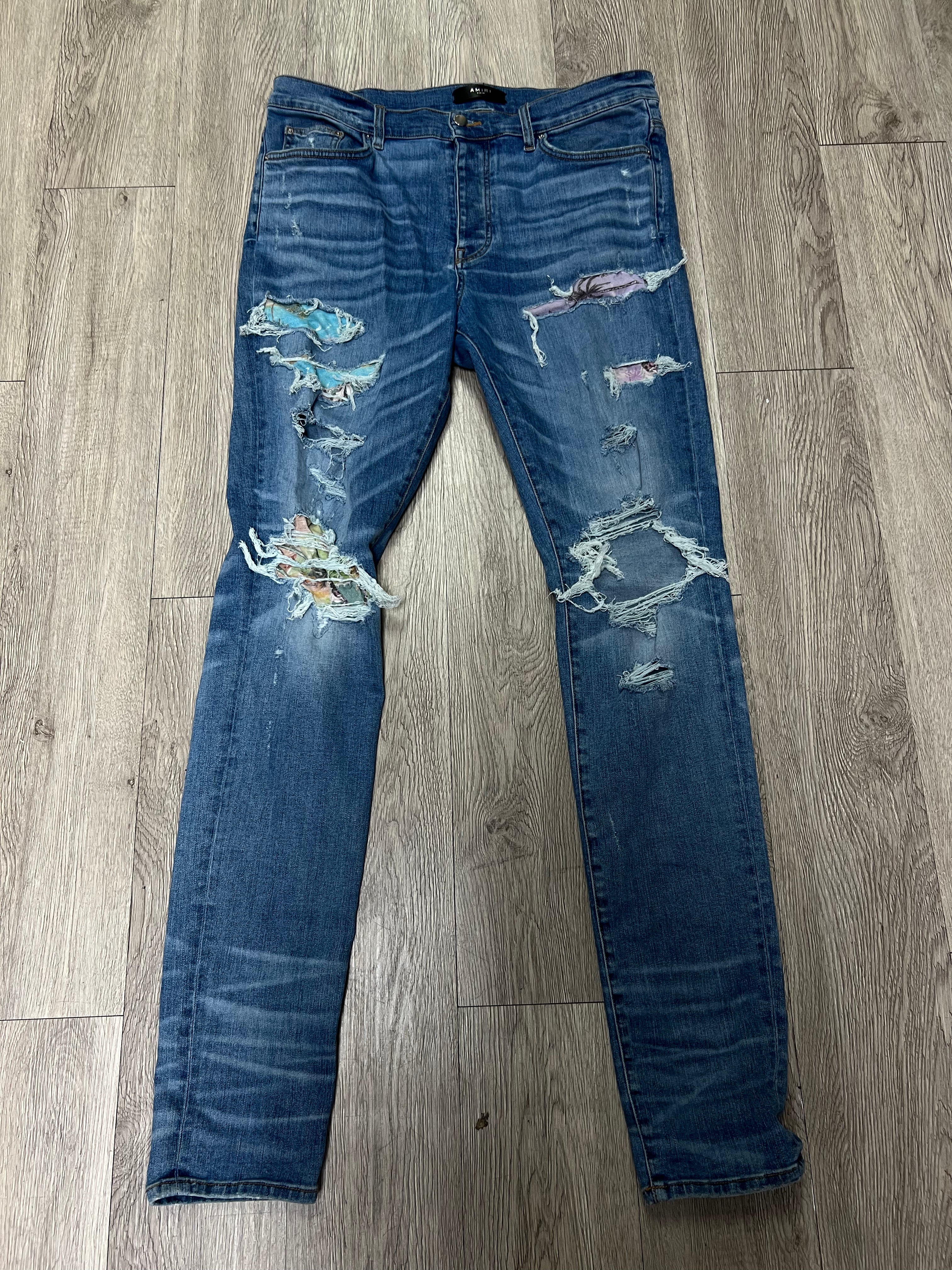 Amiri Light Wash Lilac Floral Thrasher Patch Jeans