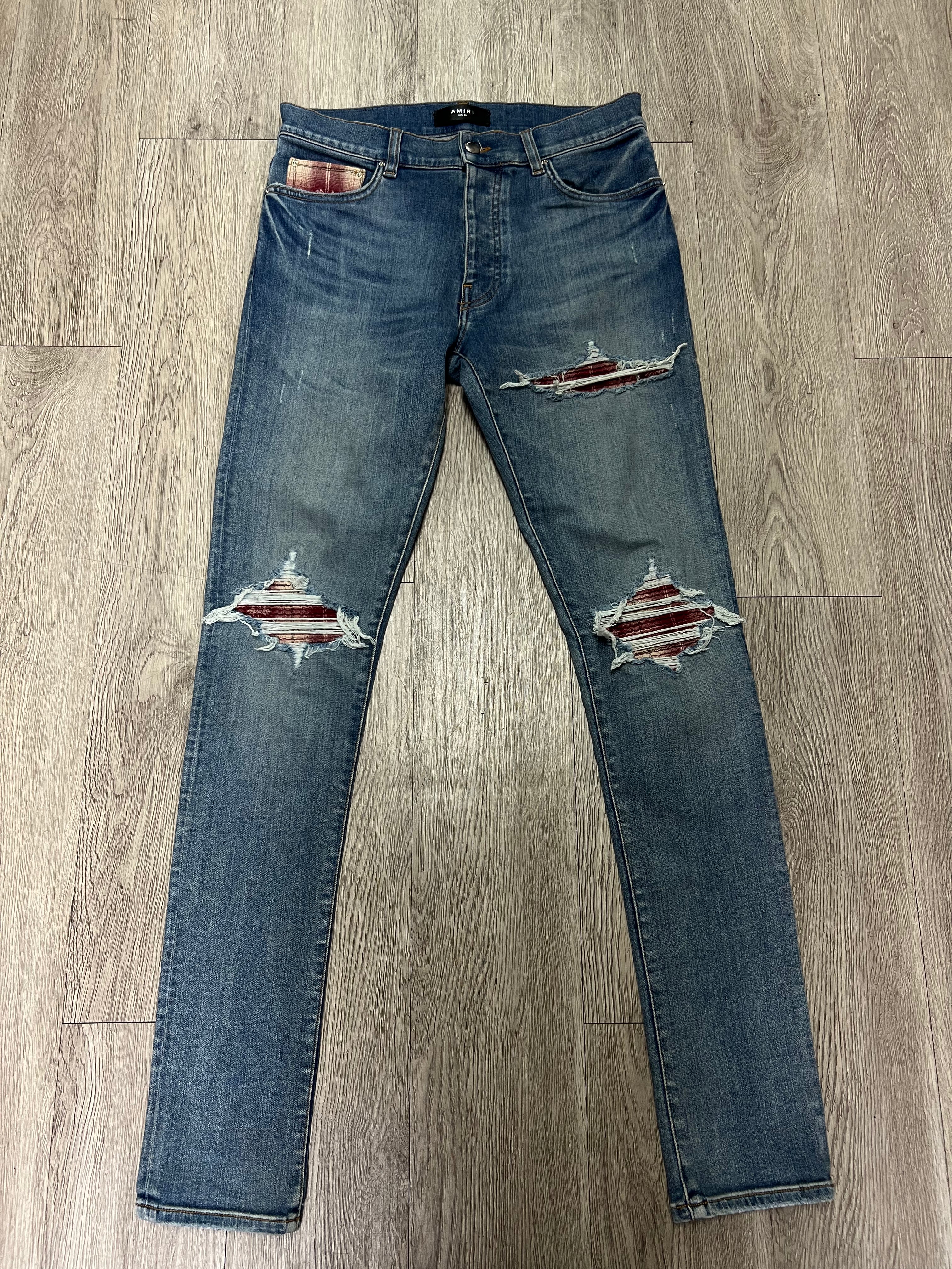 Amiri MX1 Light Wash Red Cream Plaid Jeans