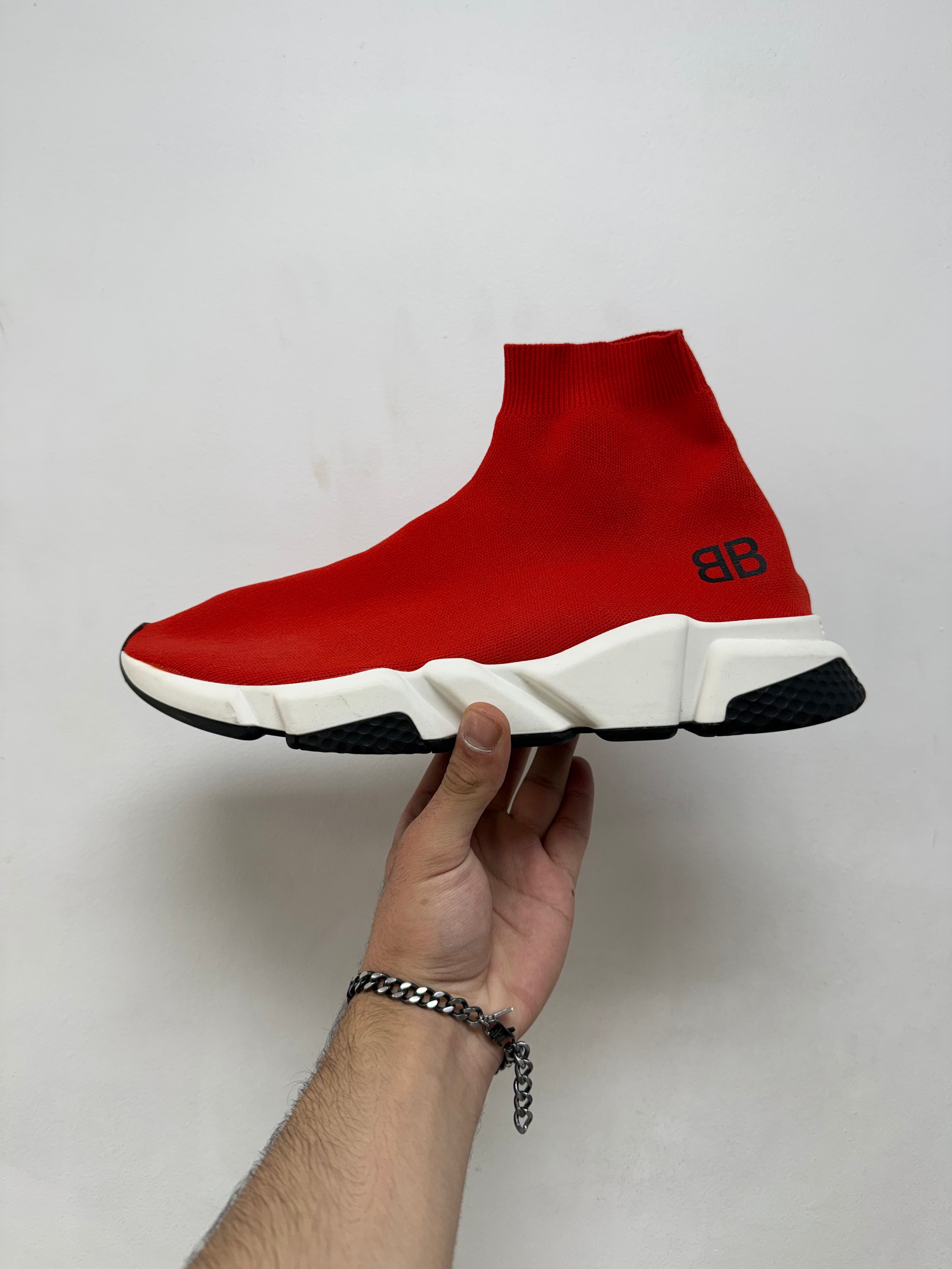 Balenciaga Red Black BB Logo Sock Runner Sneakers