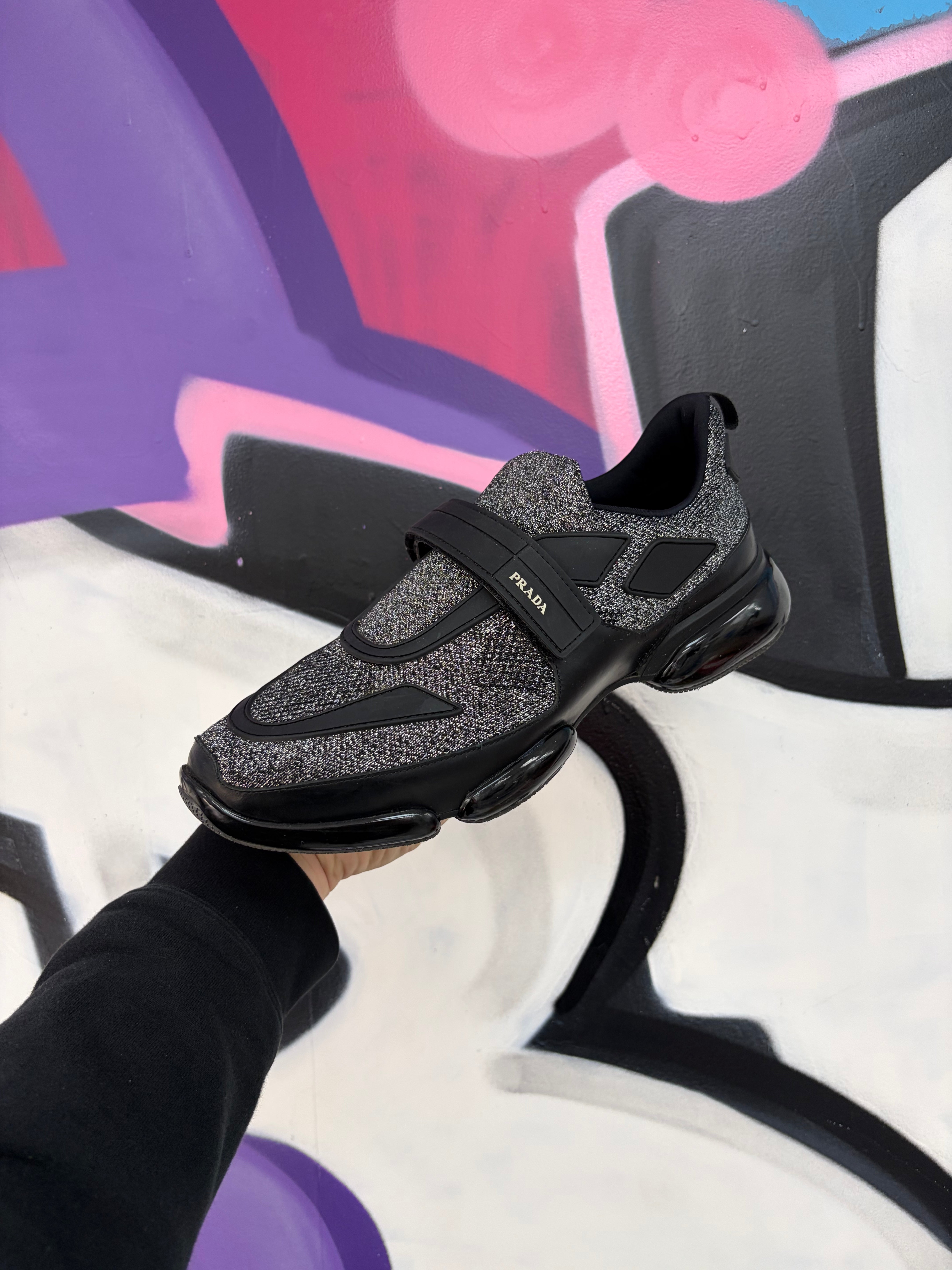 Prada Black Glitter Strap Sneakers