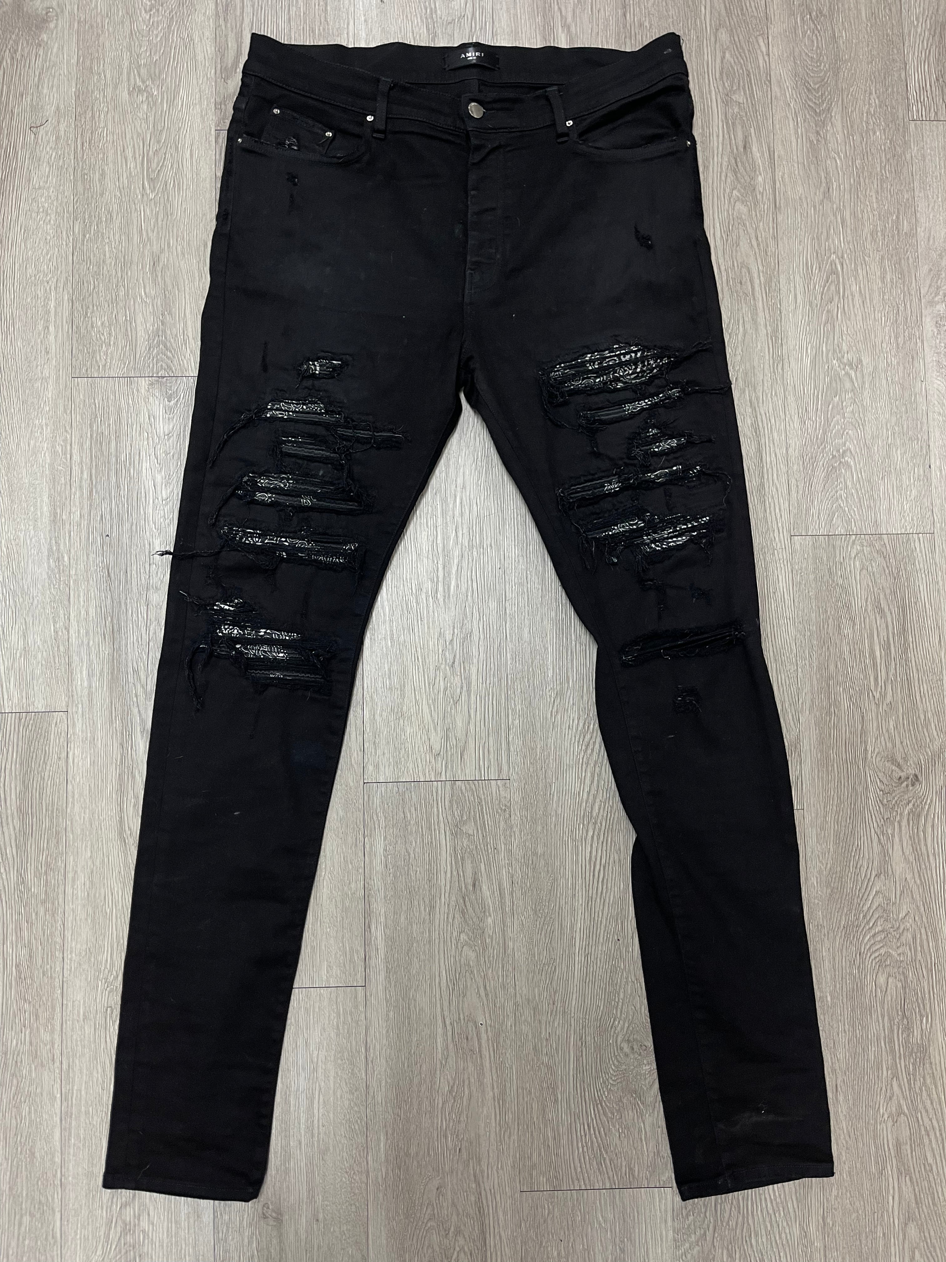 Amiri Black Paisley Thrasher Patch Jeans