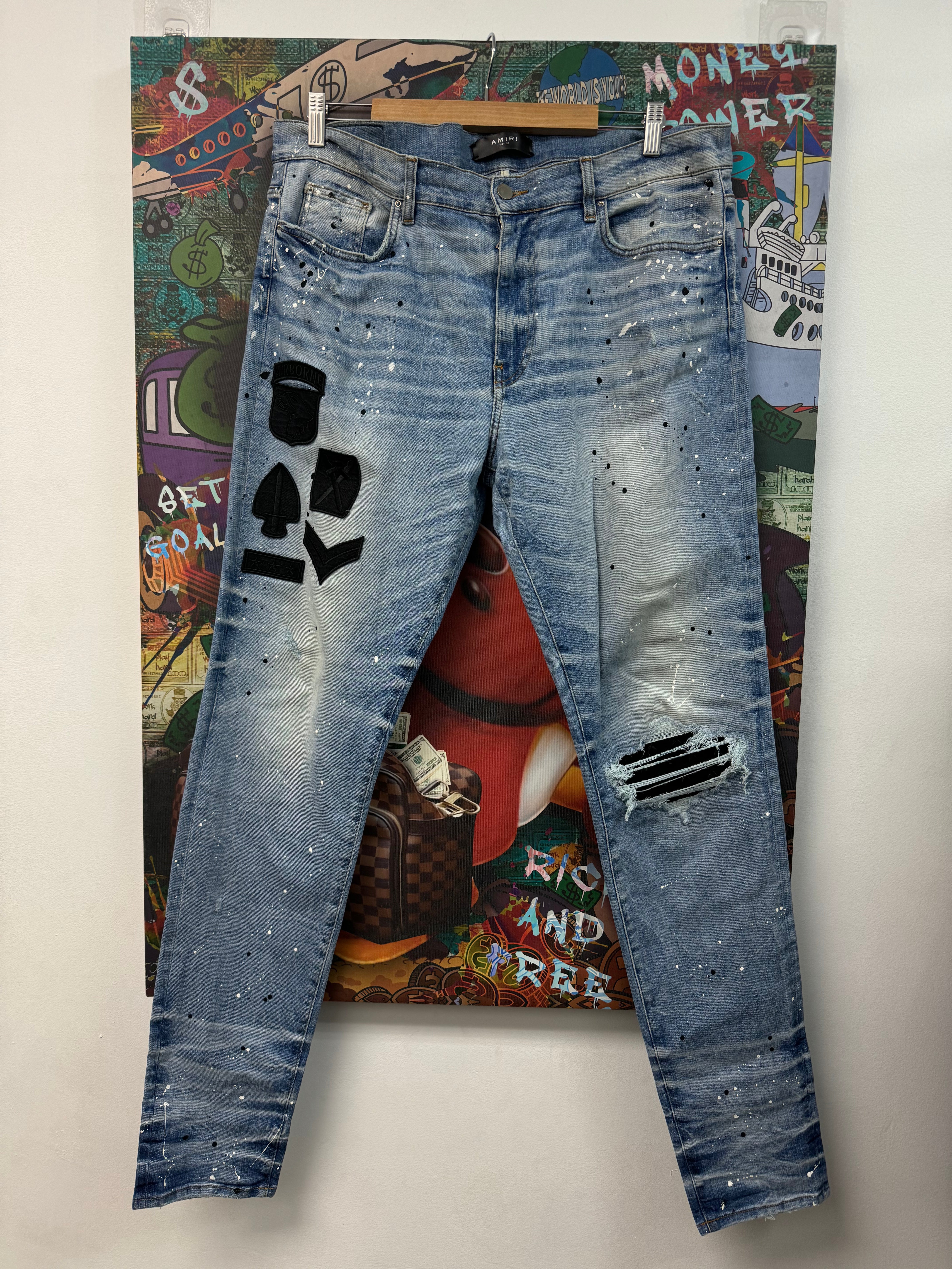 Amiri Light Wash Air Borne Splatter Patchwork Jeans