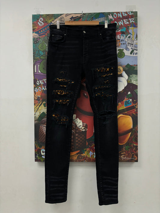 Amiri Jeans Black Cheetah Thrasher Patch Used 36 N/A