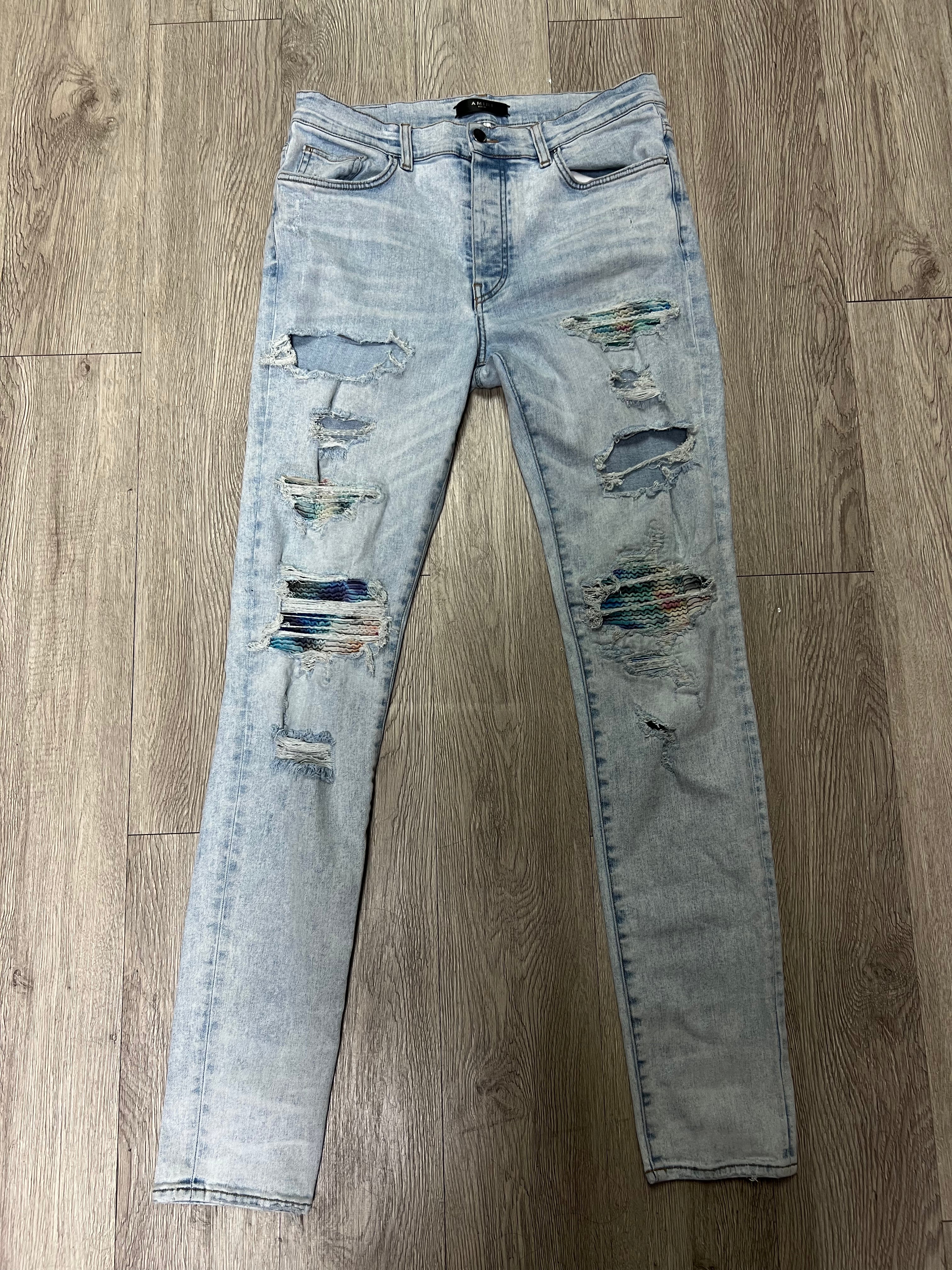 Amiri MX1 Light Wash Multi Color Patch Jeans